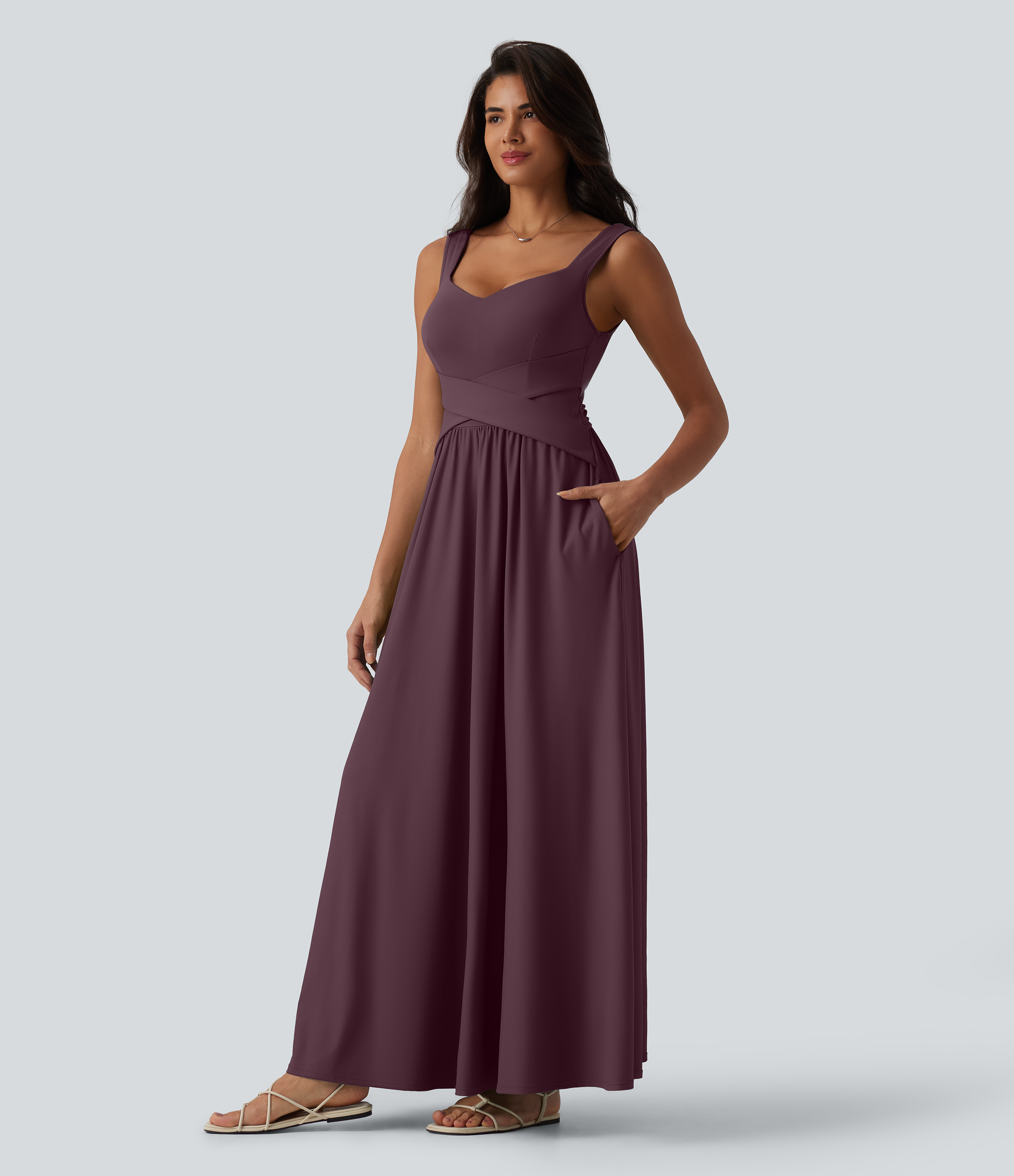 Built-in Bra Flowy Maxi Casual Dress with Pockets DD-F