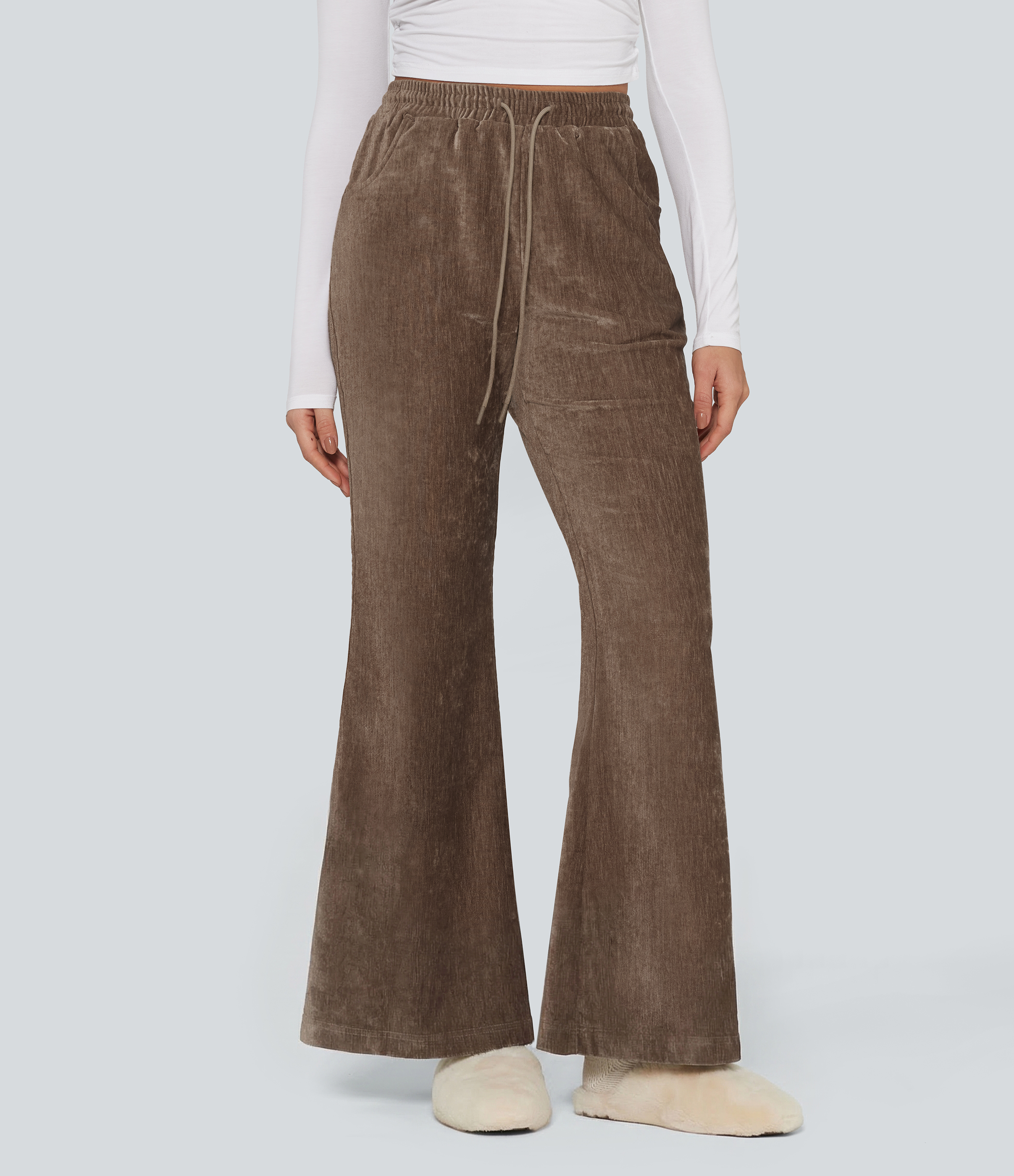 High Waisted Drawstring Velvet Flare Lounge Trousers with Pockets
