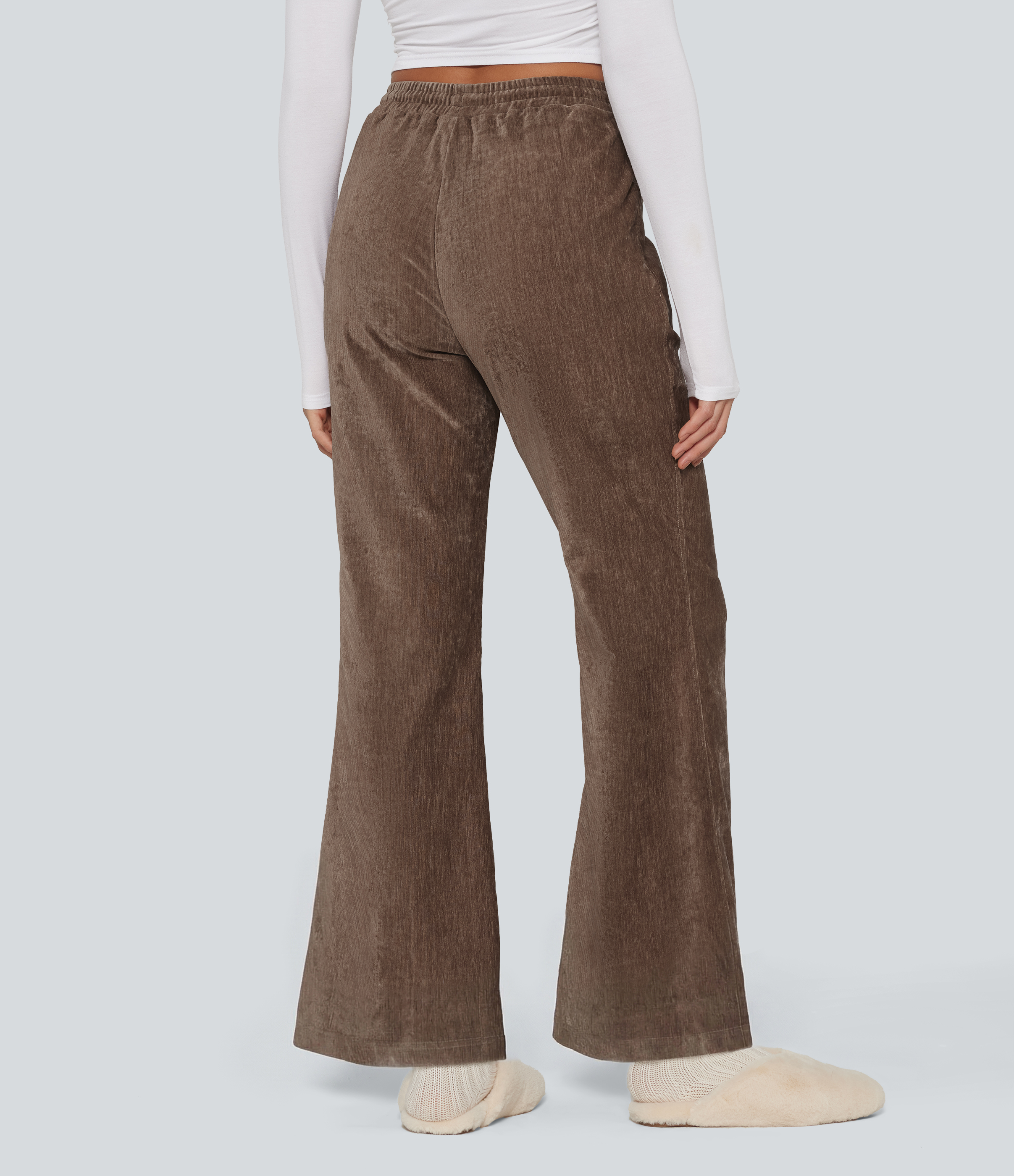 High Waisted Drawstring Velvet Flare Lounge Trousers with Pockets