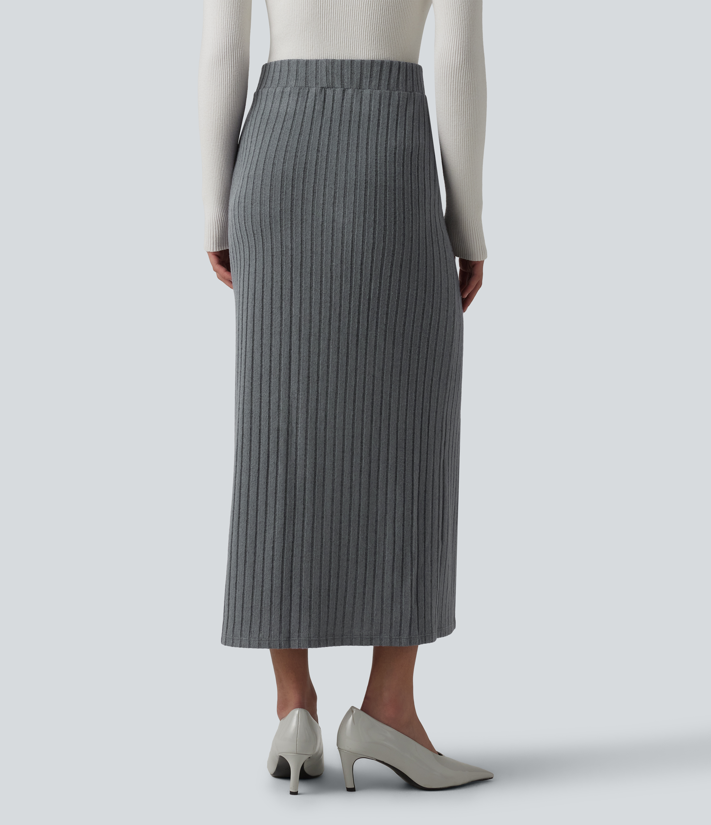 Mottled Dark Gray Falda midi de trabajo en punto acanalado con cintura alta / 2