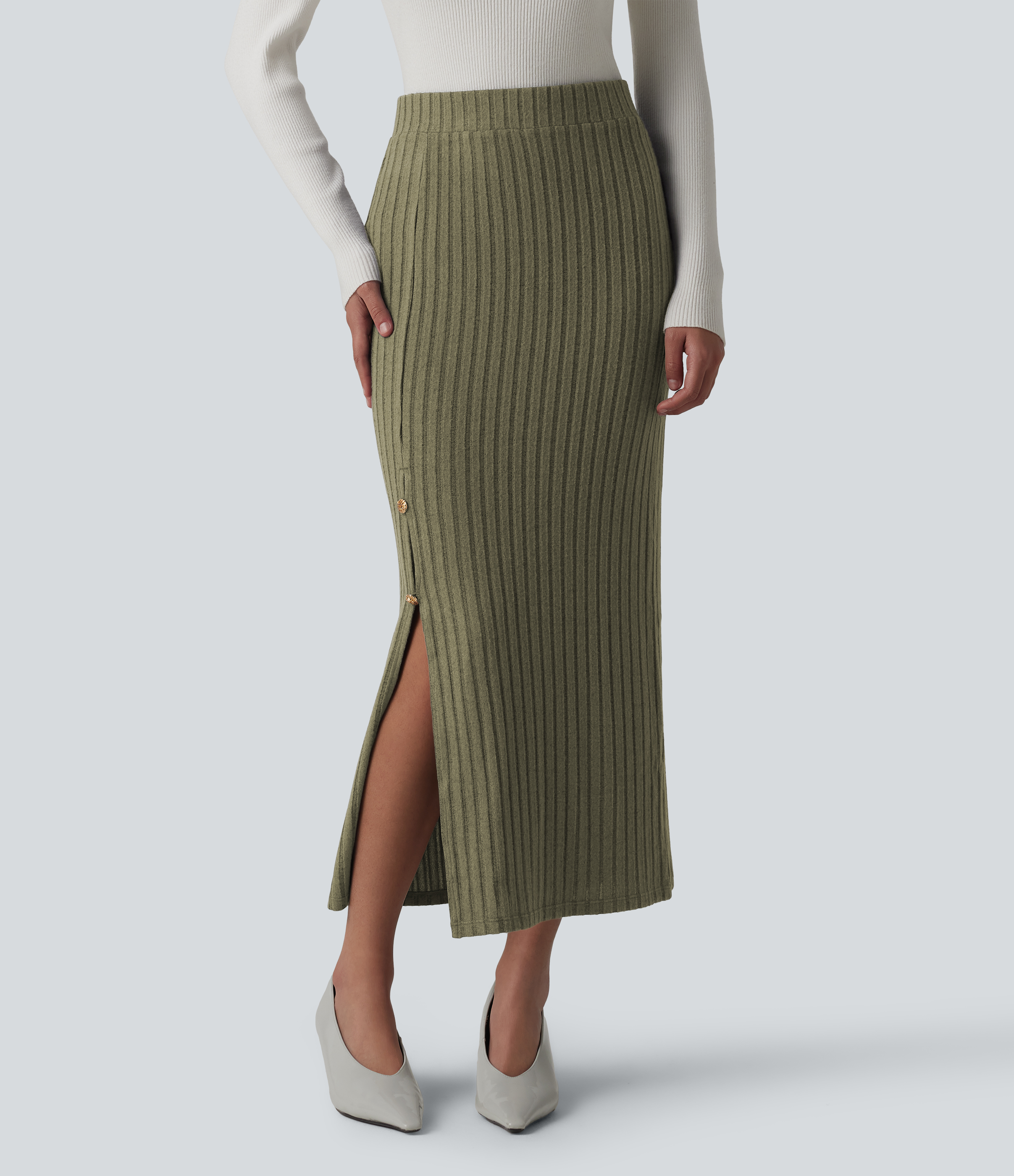 Ribbed Knit High Waisted Midi Work Skirt