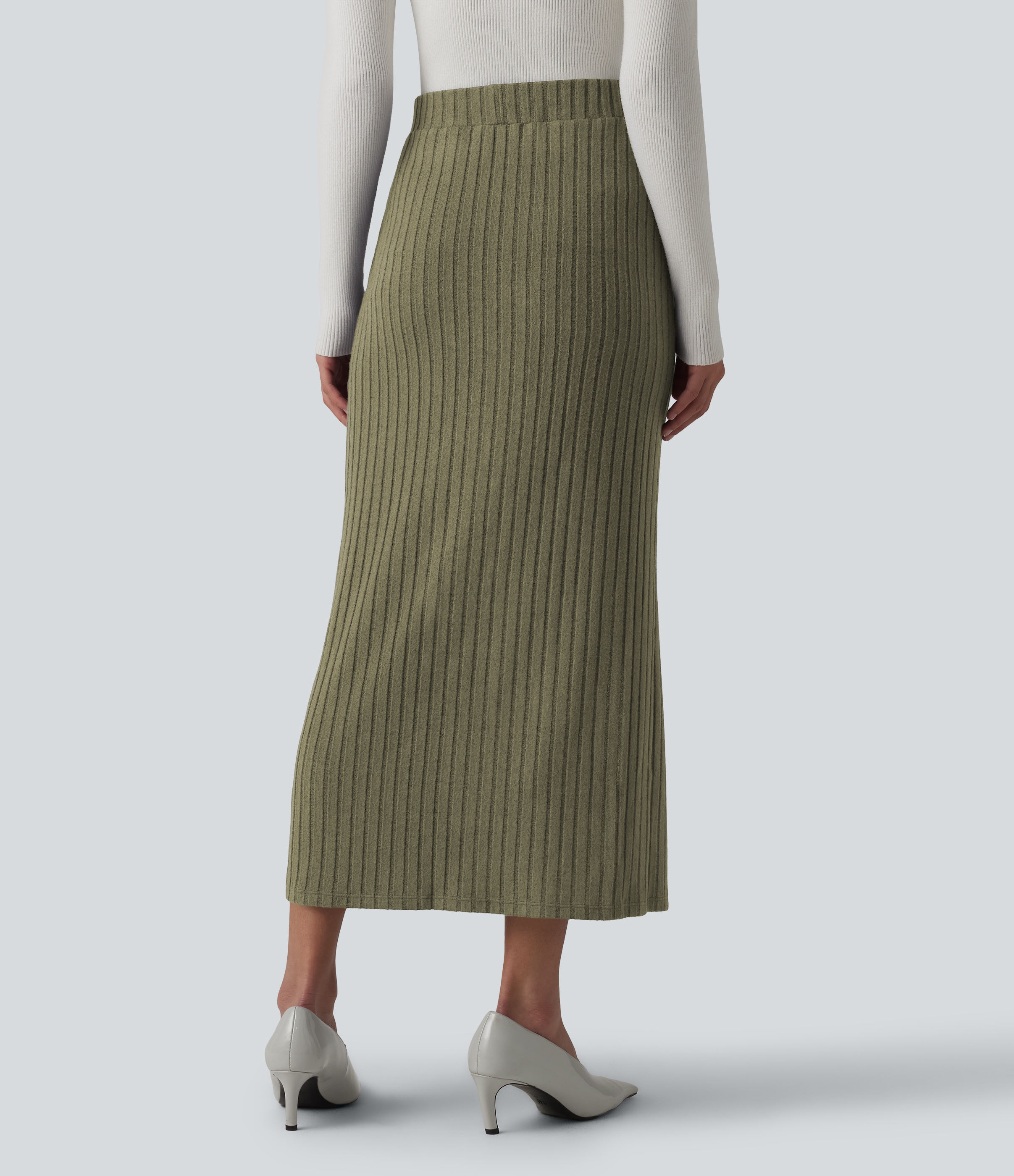 Moss Green Floral Velvet Ribbed Knit High Waisted Midi Work Skirt / 2