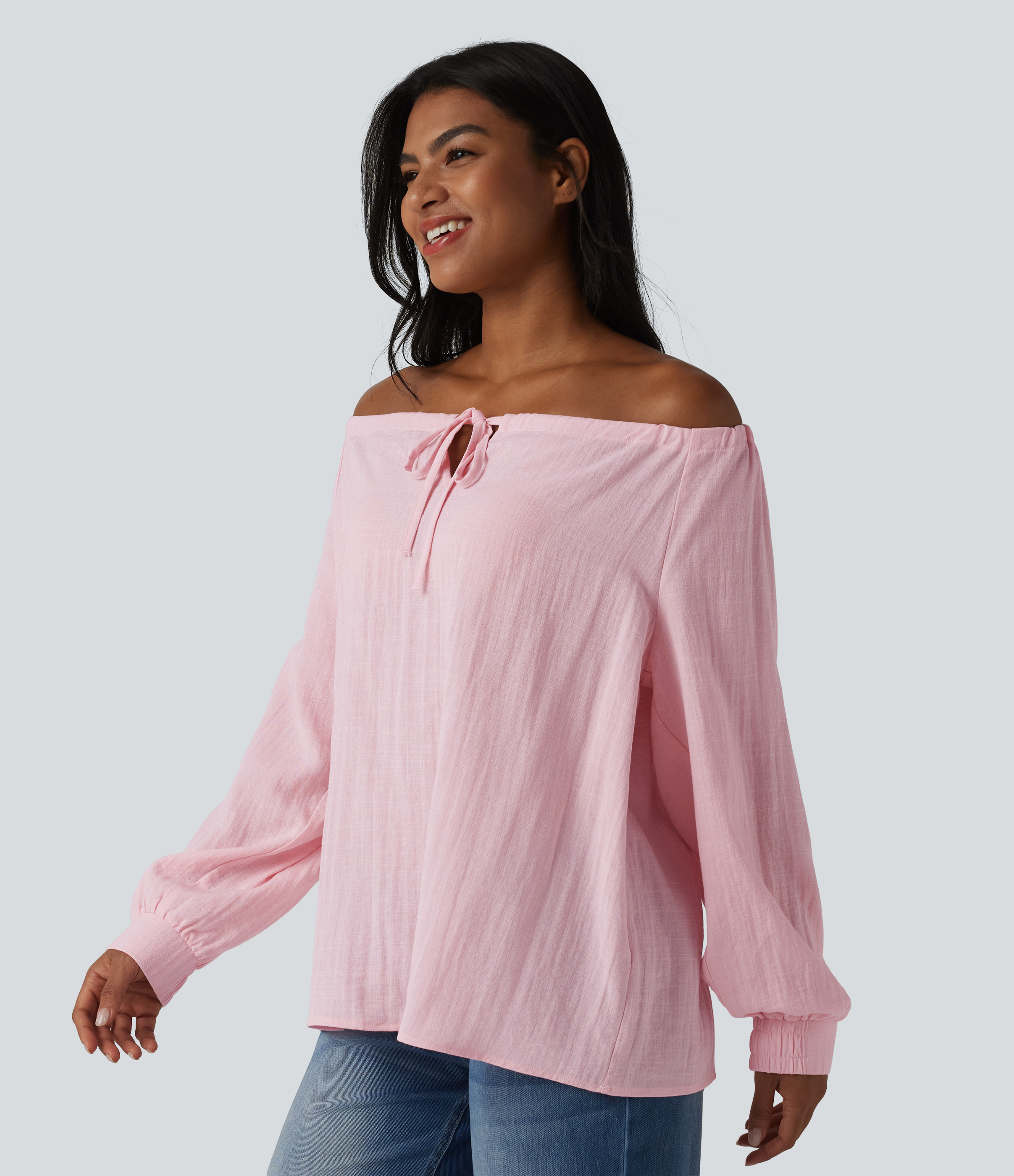 Off-shoulder Tie Long Sleeve Linen-Feel Oversized Casual Blouse