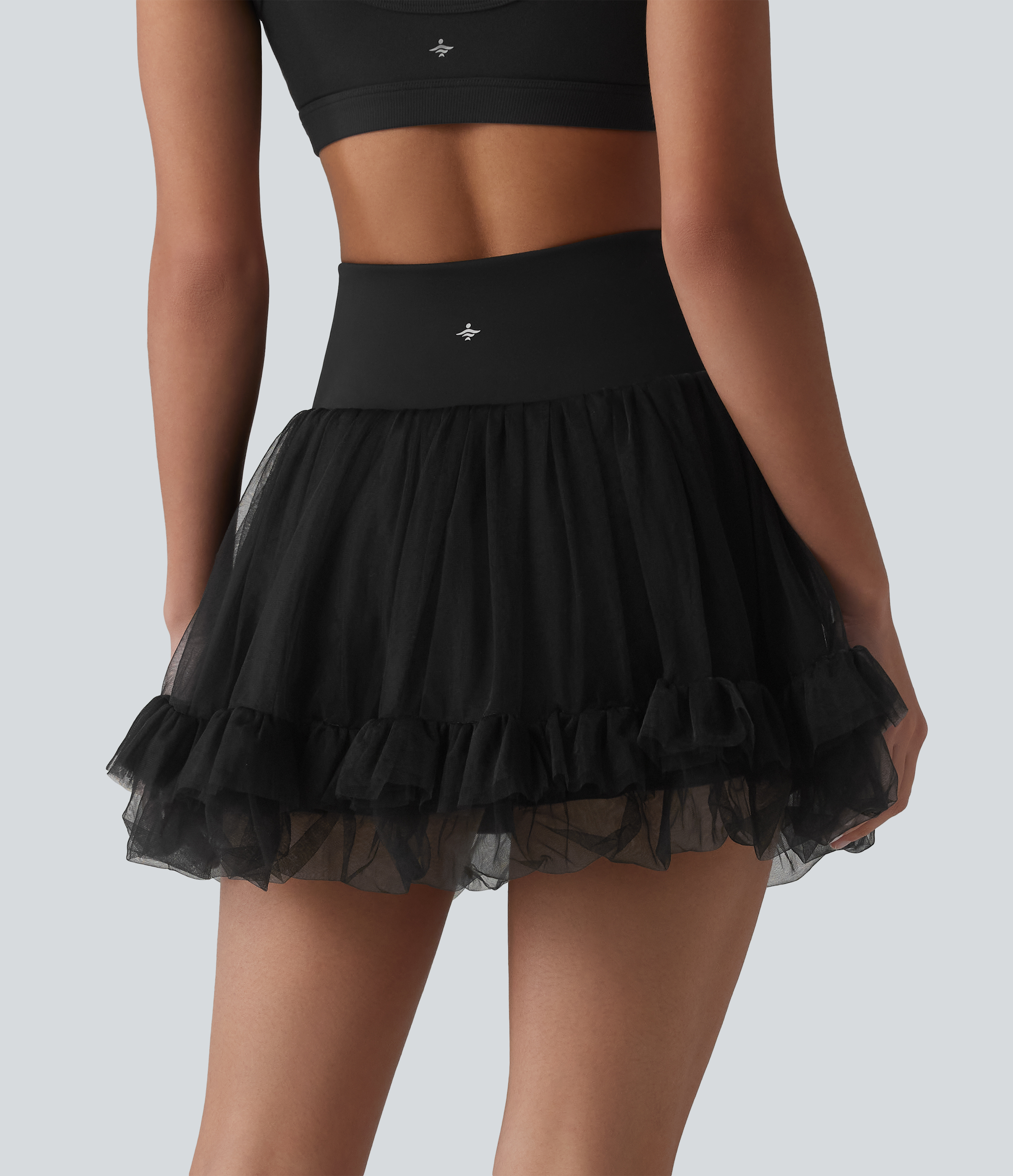 Black High Waisted Tummy Control Contrast Mesh 2-in-1 Mini Workout Skirt with Pockets / 2