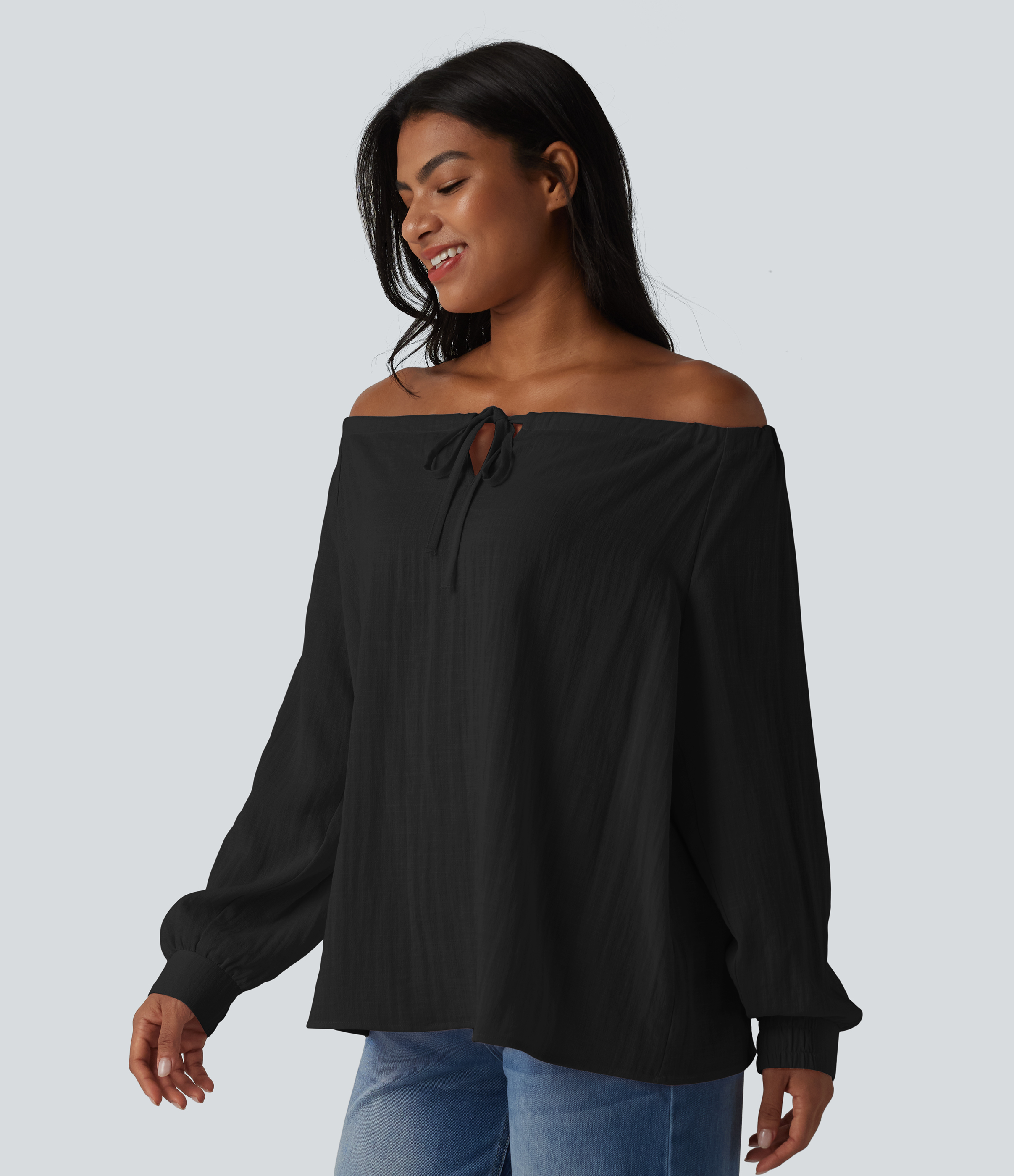 Off-shoulder Tie Long Sleeve Linen-Feel Oversized Casual Blouse