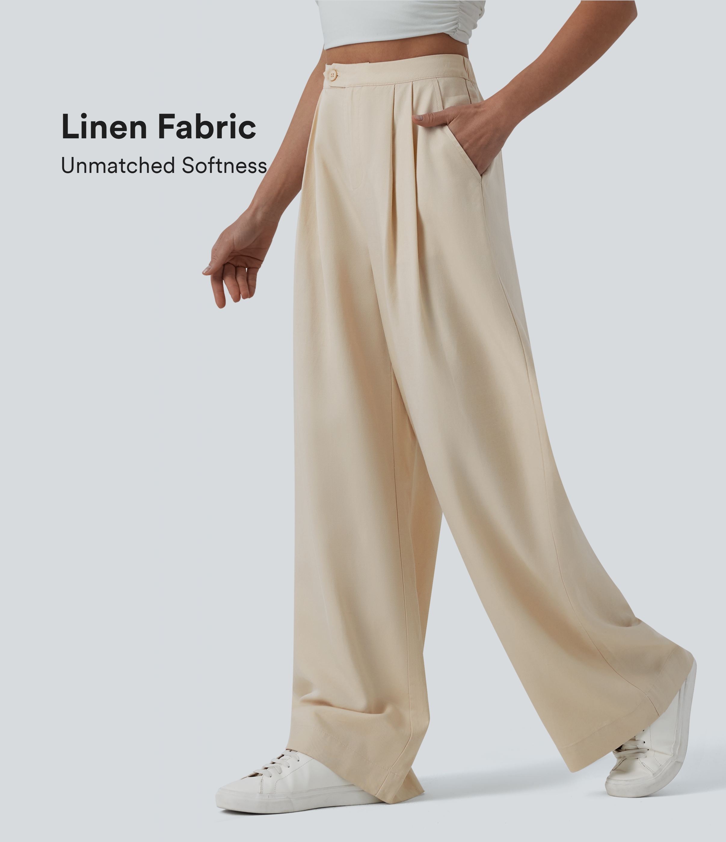 Pantalones casuales de lino de talle alto, con pliegues, pernera ancha, drapeados y fluidos, con bolsillos.