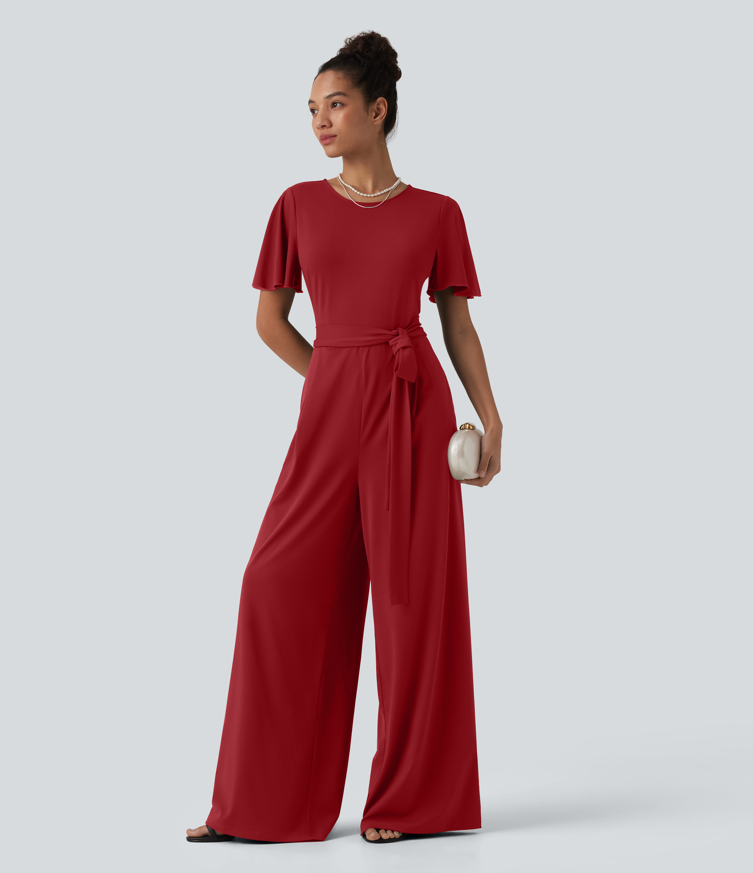 Round Neck Short Sleeve Tie Front Wide Leg Jumpsuit with Pockets-Easy Peezy Edition