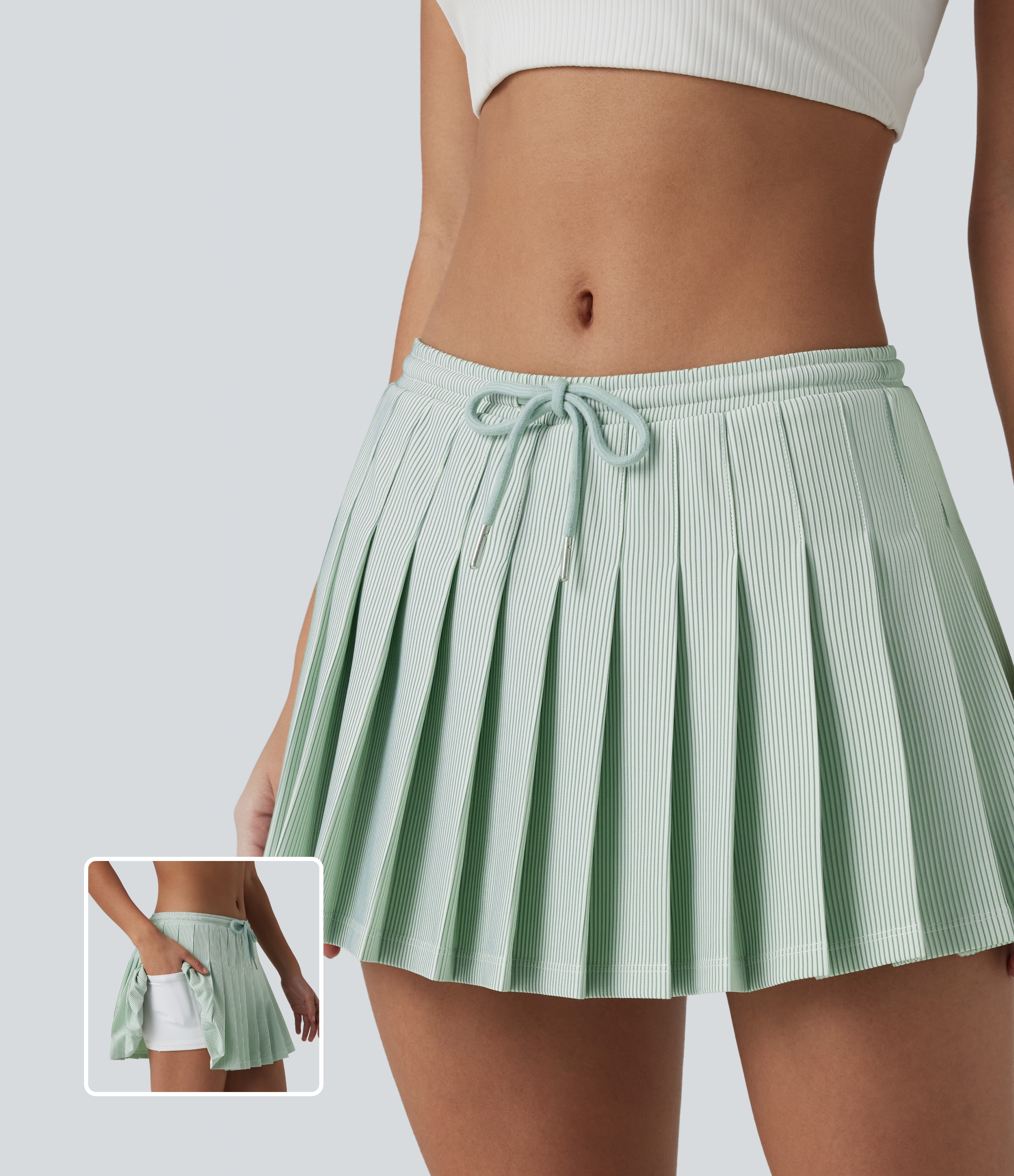 Low Rise Drawstring 2-in-1 Stripes Pleated Mini Pickleball Skirt with Pockets