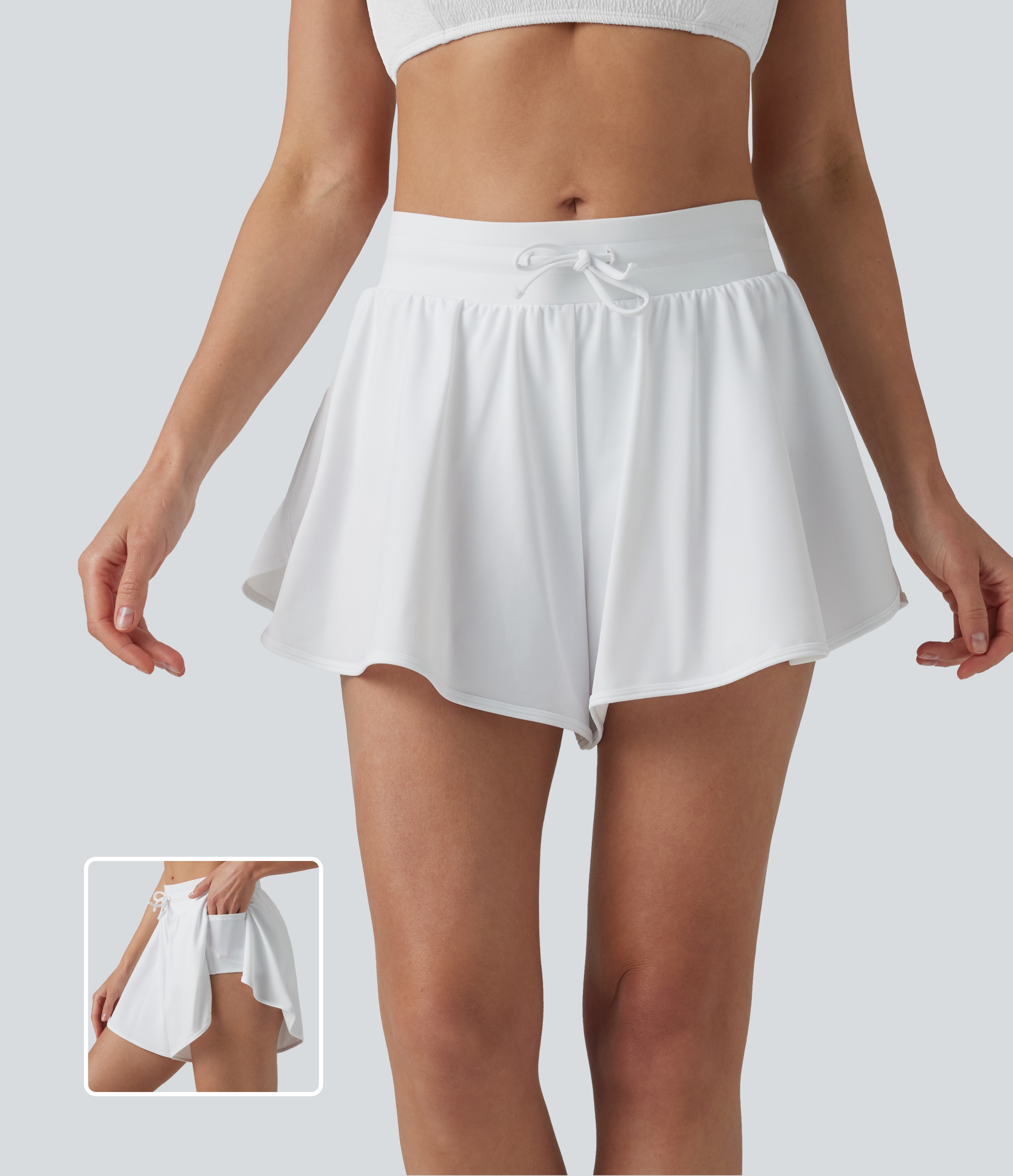 2-in-1 Bikini-Shorts mit mittelhohem Bund, Seitentaschen, Kordelzug, Schlitz und abgerundetem Saum