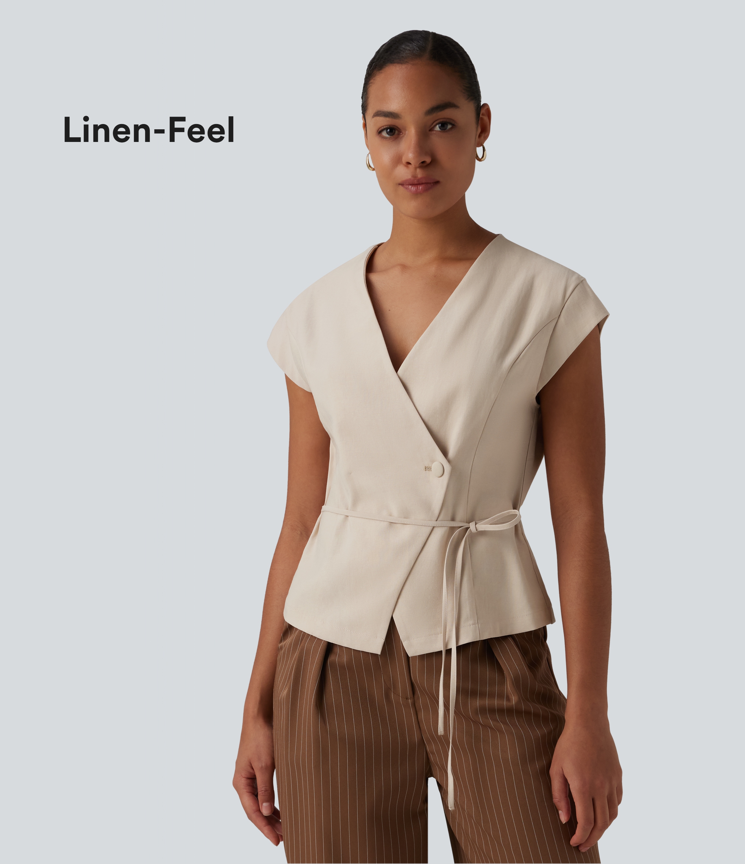 V Neck Short Sleeve Tie Front Work Linen-Feel Blouse