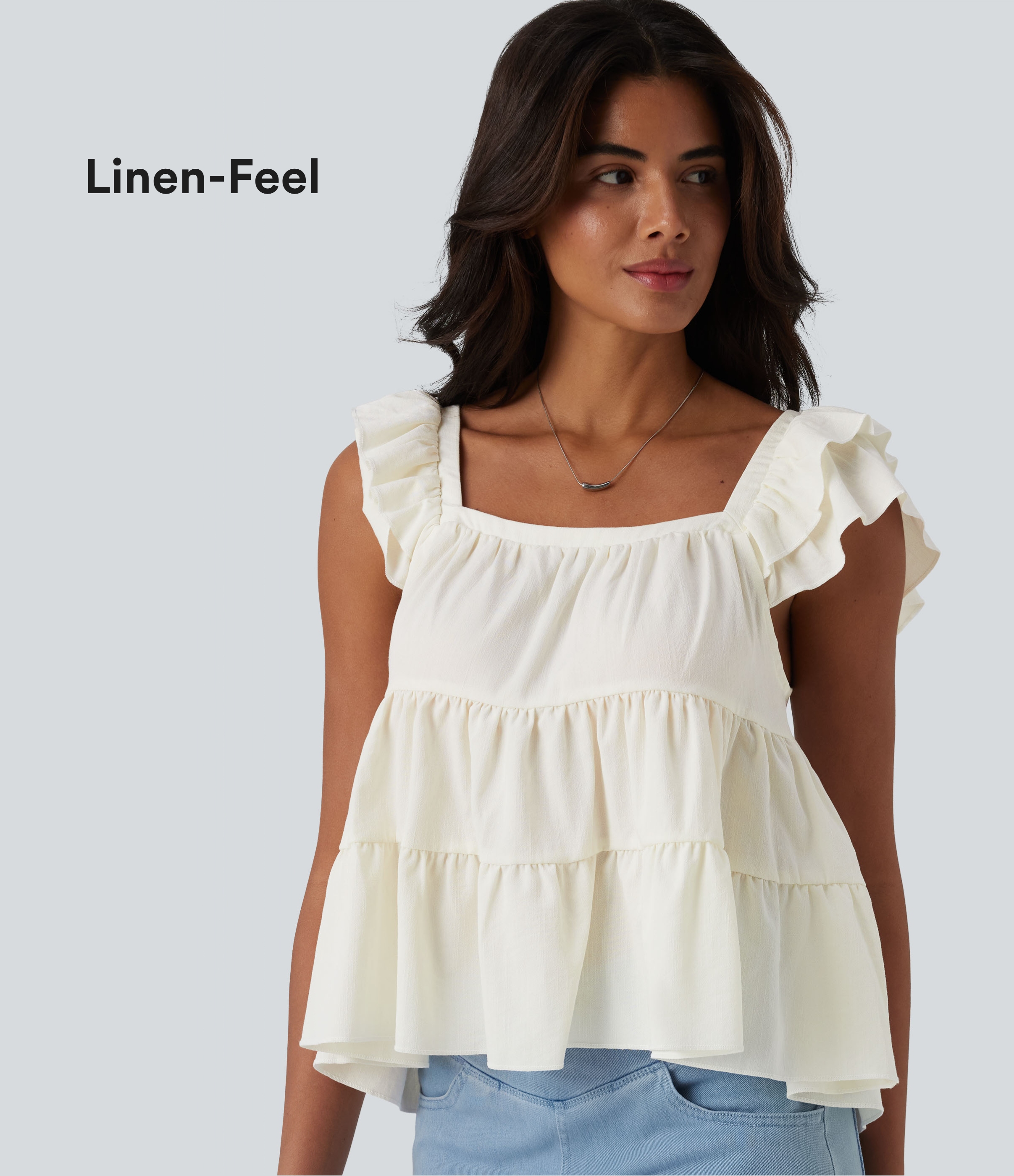 Square Neck Flounce Sleeve Ruffle Hem Linen-Feel T-Shirt