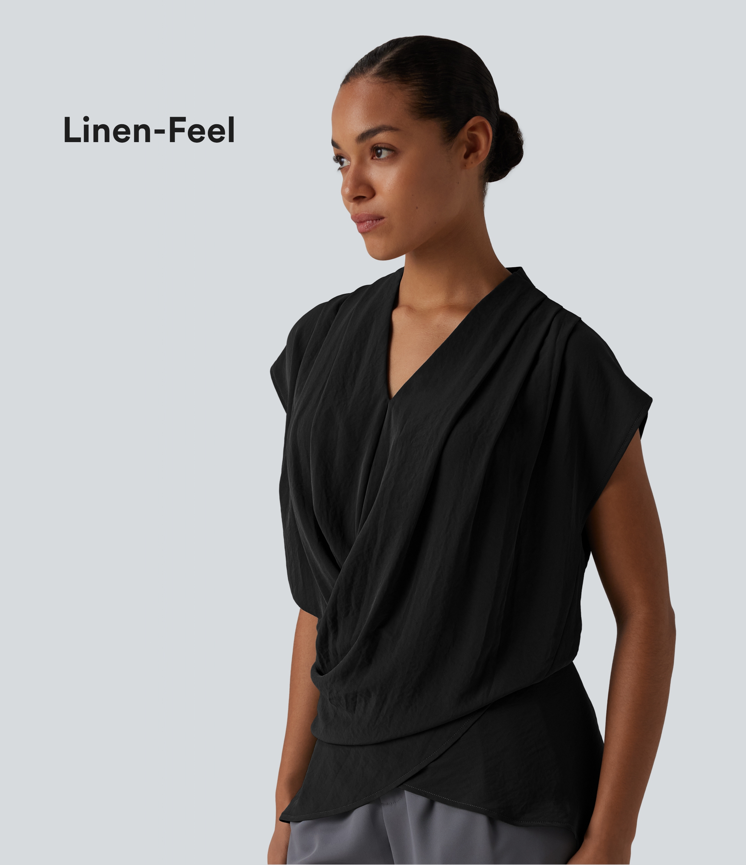 V Neck Wrapped Sleeveless Linen-Feel Work Blouse
