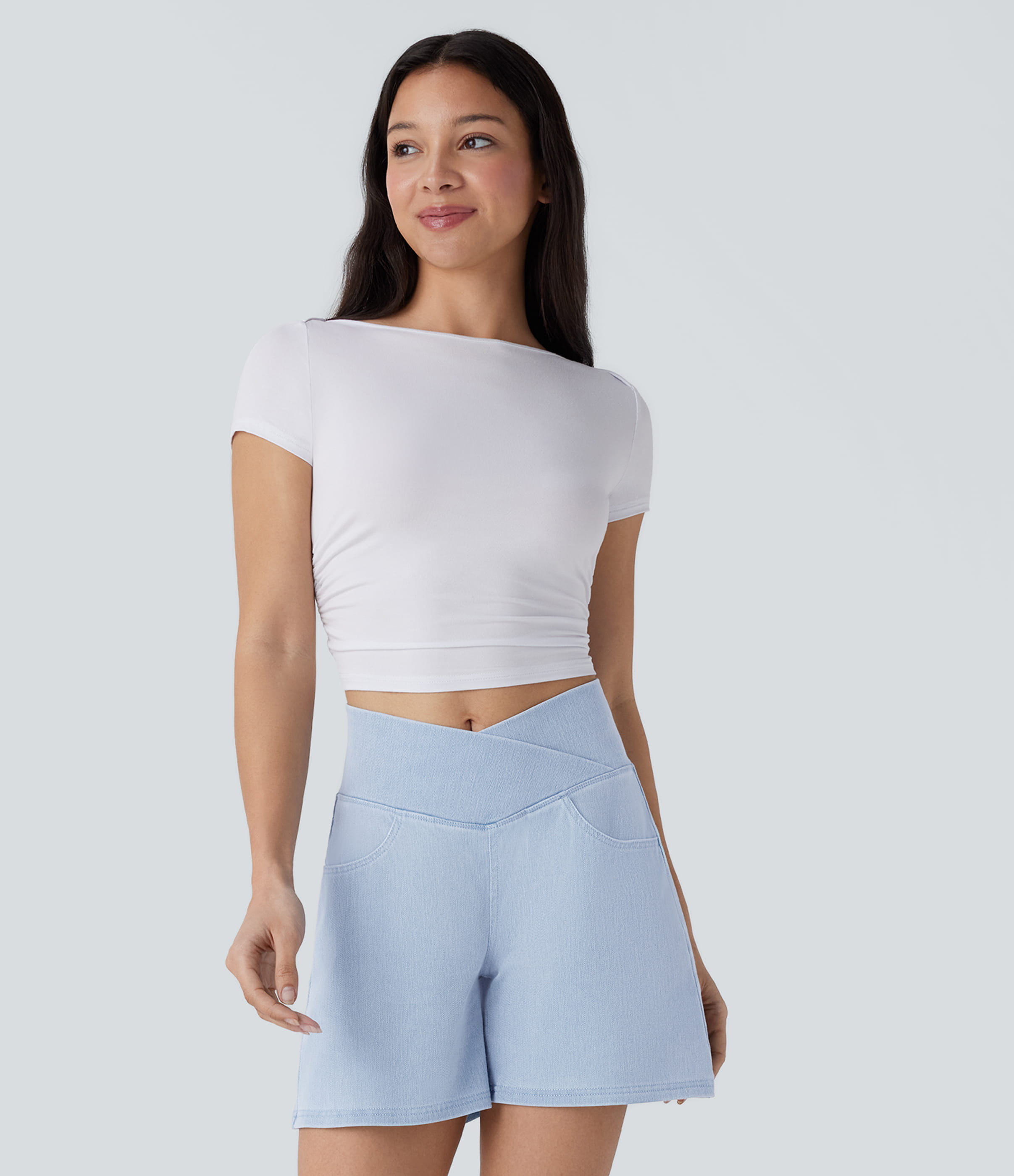 Halara Flex™ Crossover High Waisted Pockets Wide Leg A Line Washed Denim Casual Shorts