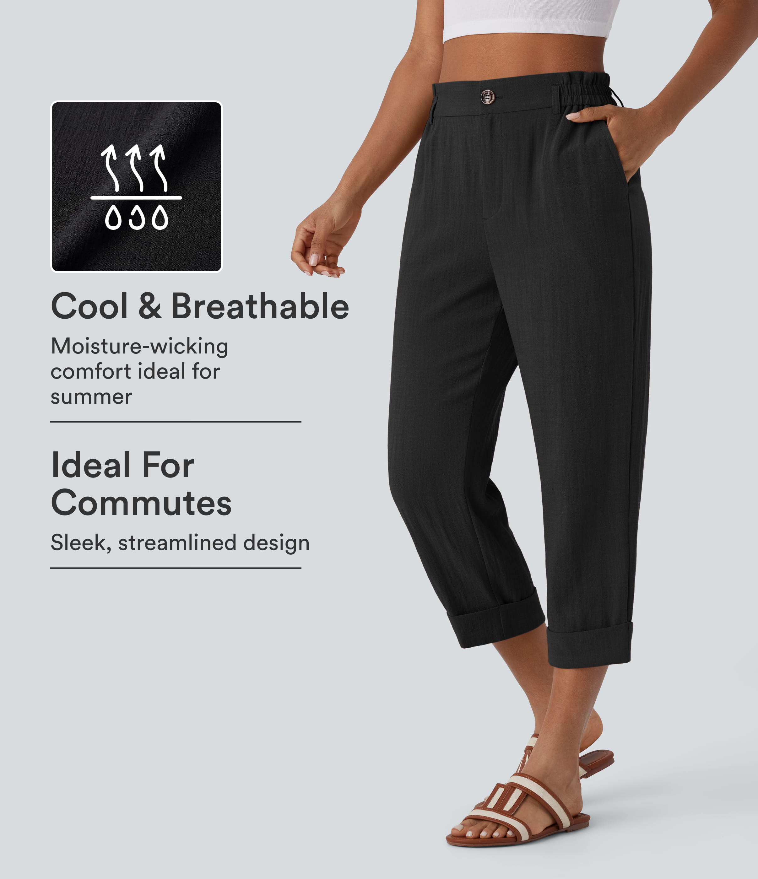 High Waisted Zipper Pocket Cropped Linen-Feel Pants