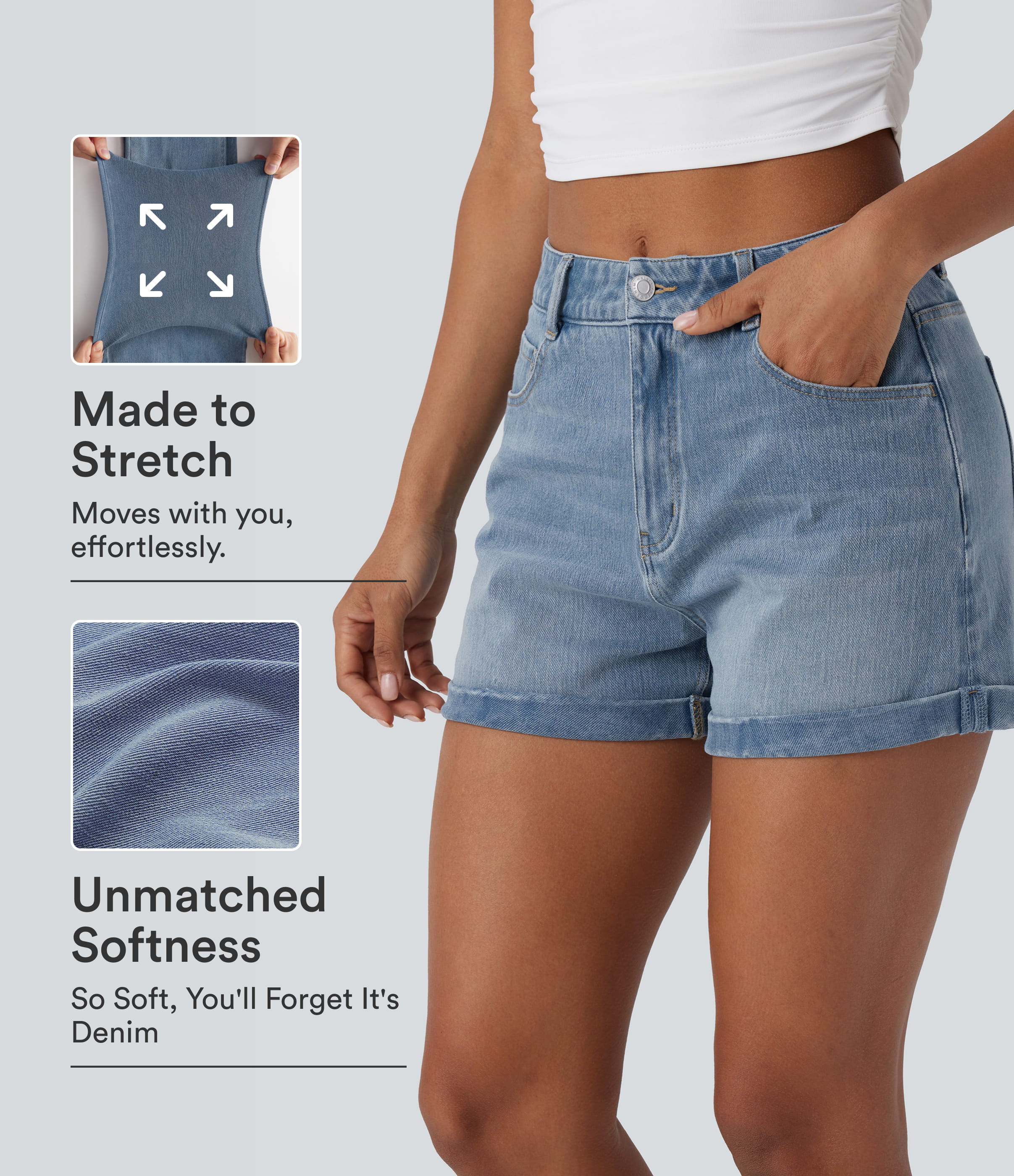 Halara Flex™ Mid Rise Zipper Pockets Denim Casual Shorts 3''