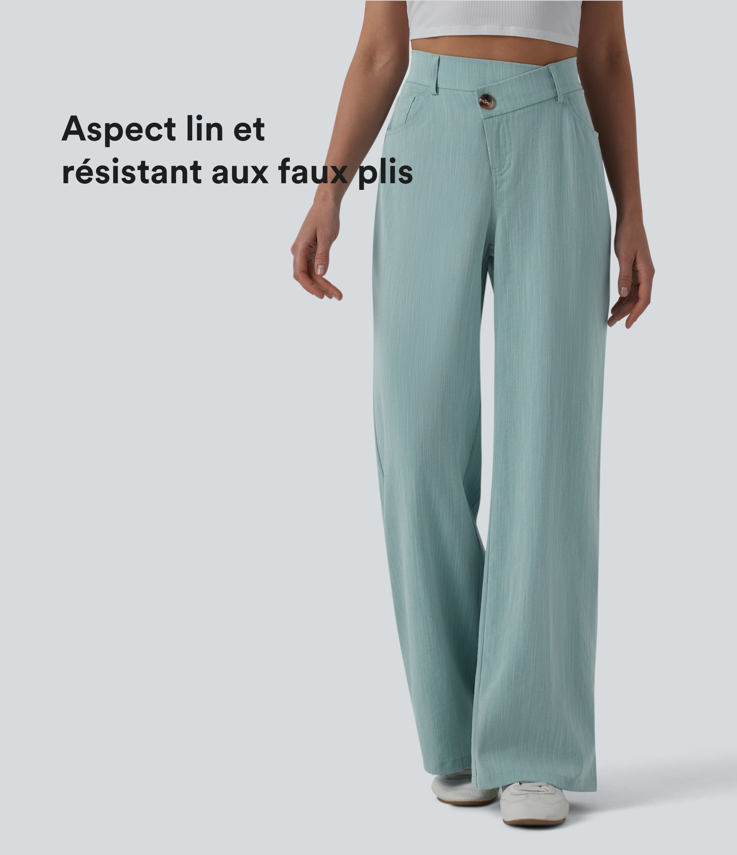 Pantalon large casual taille haute croisée aspect lin avec poches