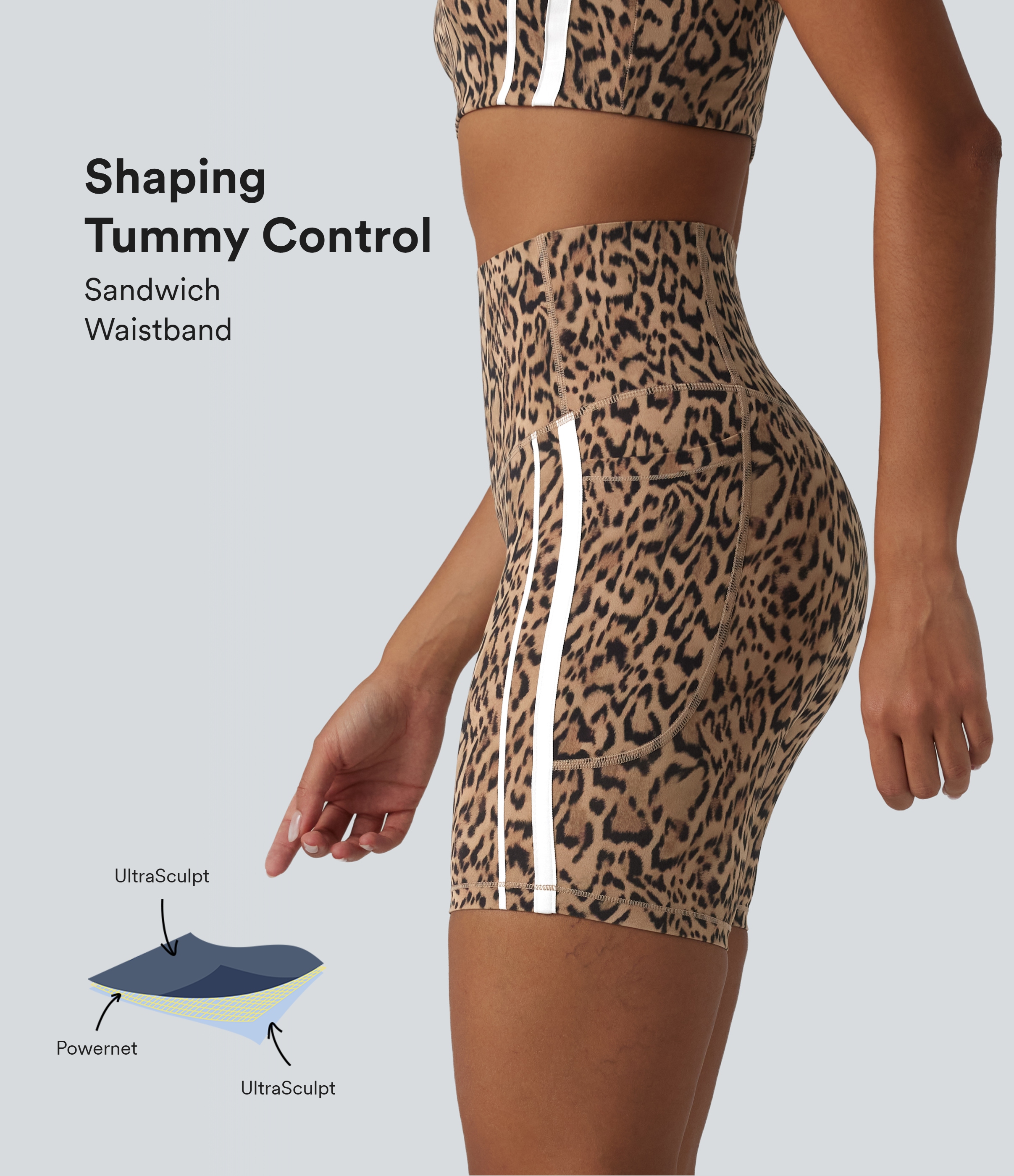 Halara UltraSculpt™ Leopard Print High Waisted Tummy Control Color Block Stripes Training Biker Shorts 7'' with Pockets