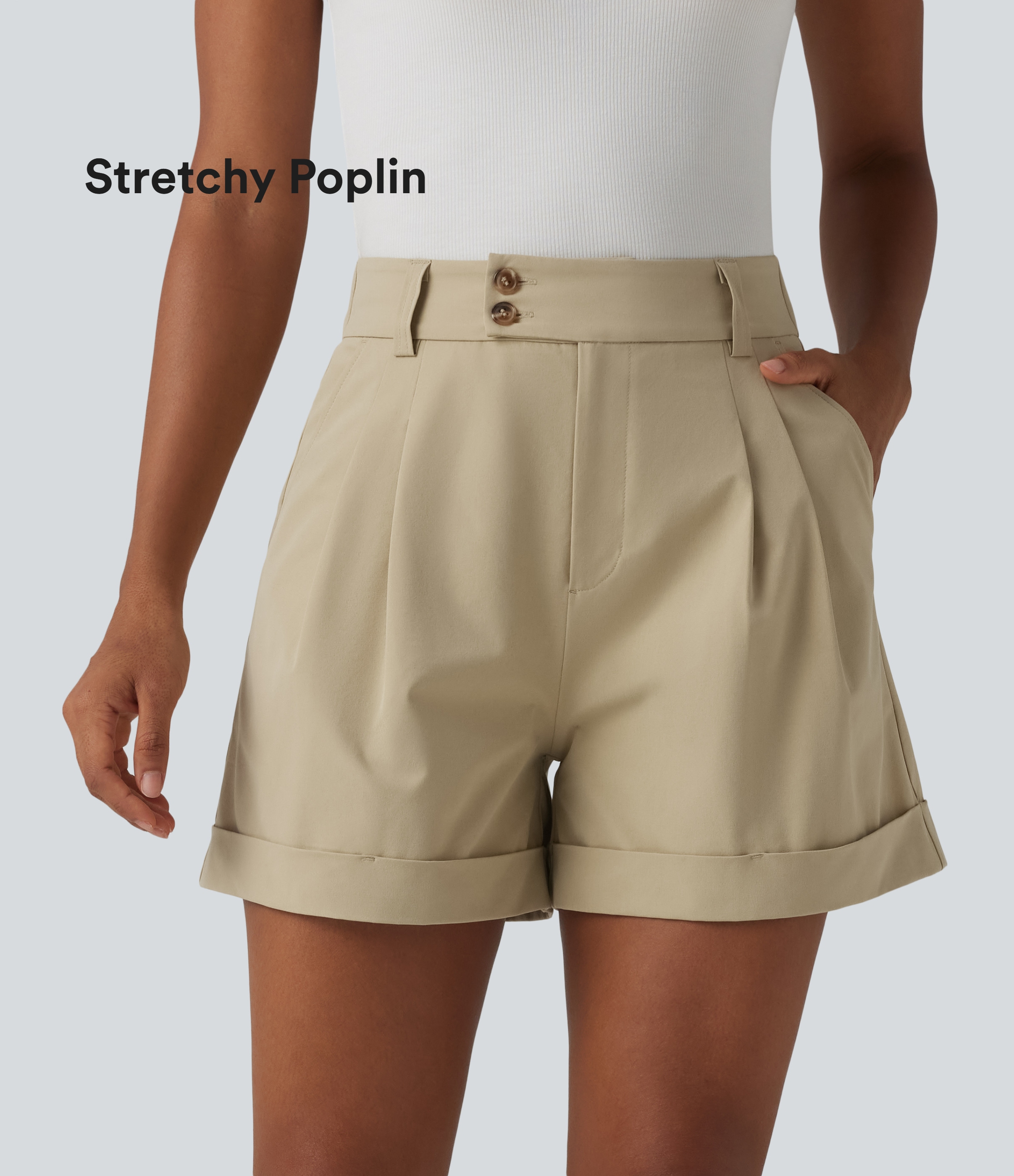 Short tailleur large en popeline stretch plissé taille haute avec ourlet roulotté et poches