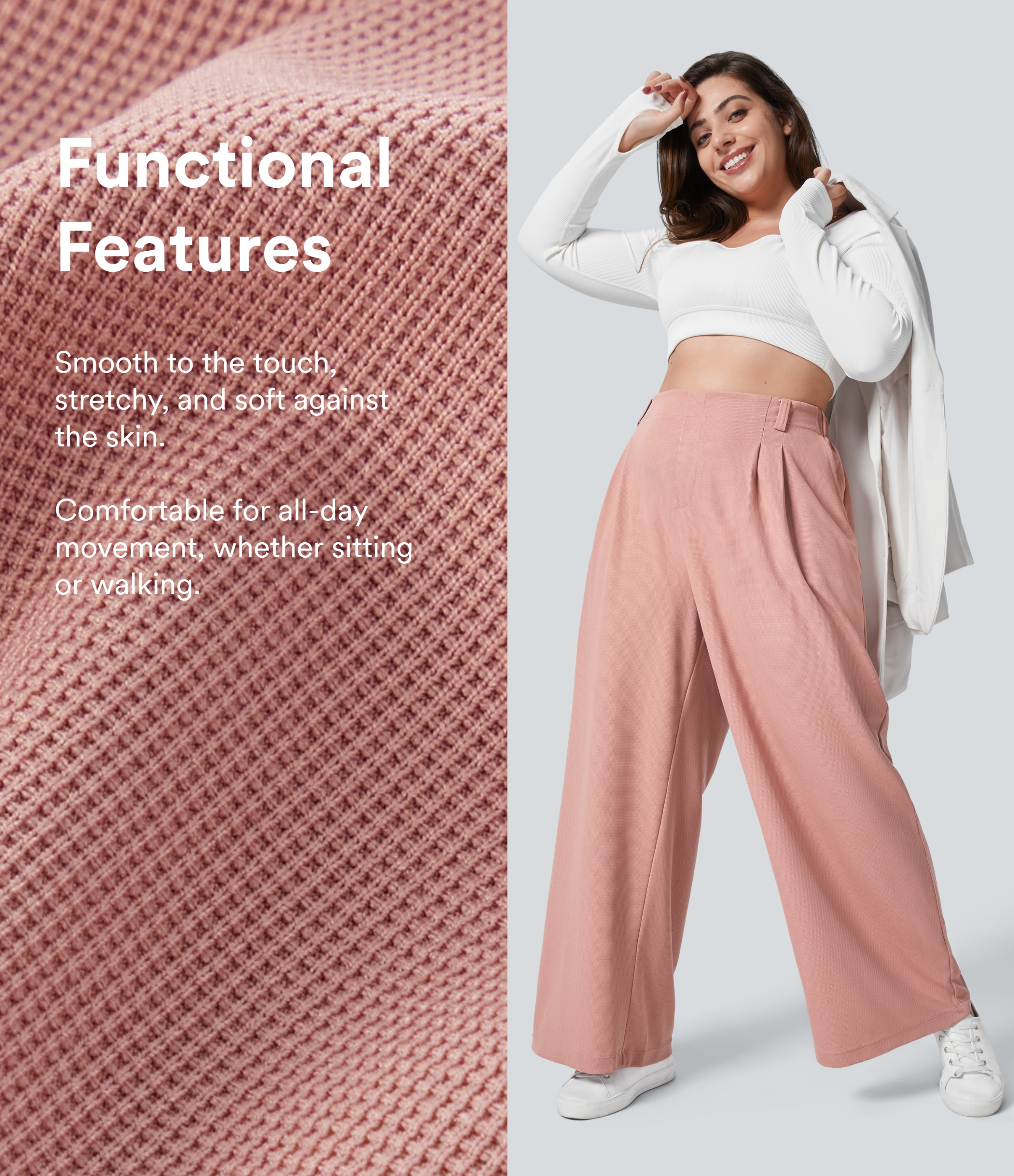 Rose Tan Halara Flex™ High Waisted Pocket Wide Leg Waffle Work Plus Size Pants / 2