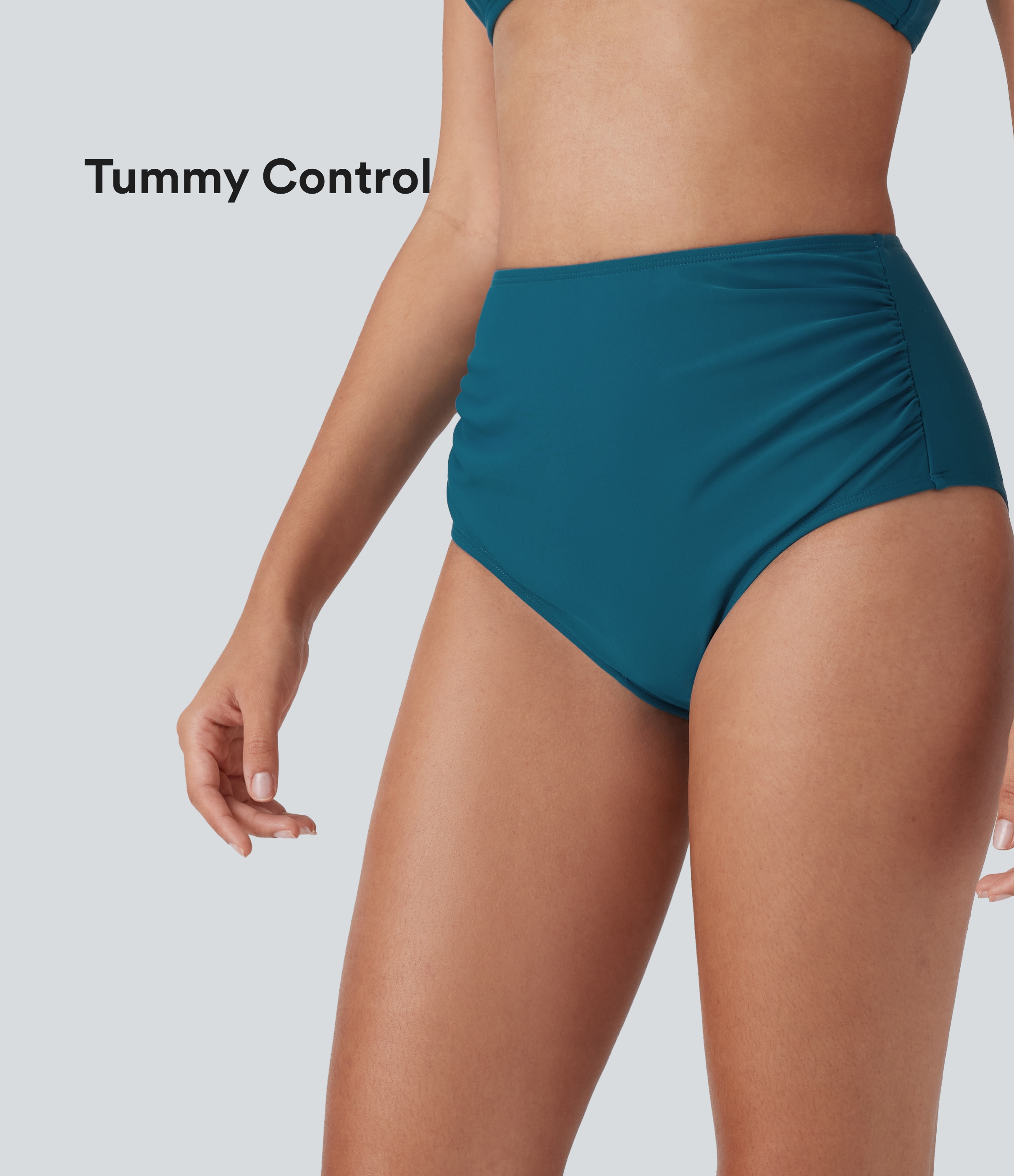 Bas de maillot de bain bikini à taille haute avec contrôle du ventre et fronces