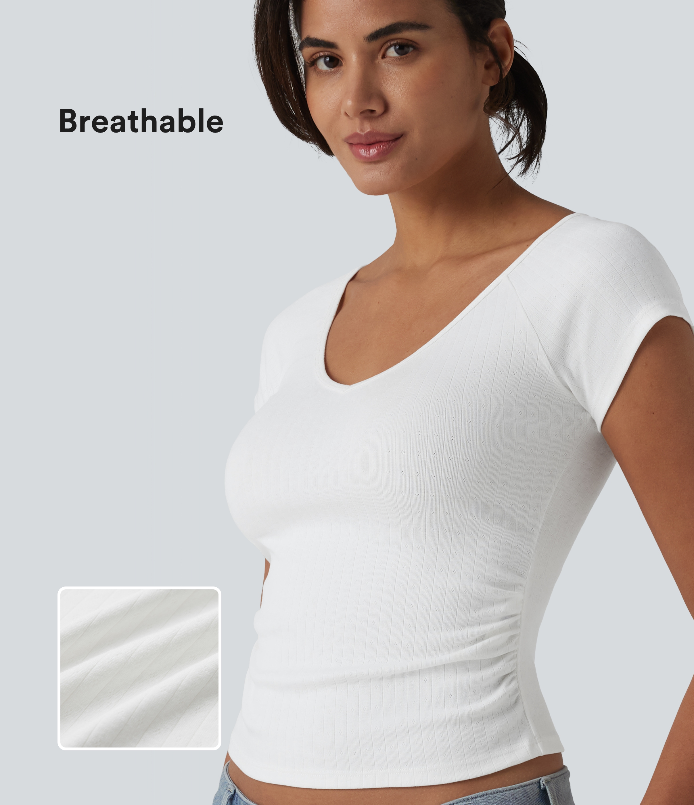 T-shirt col V manches courtes avec fronces