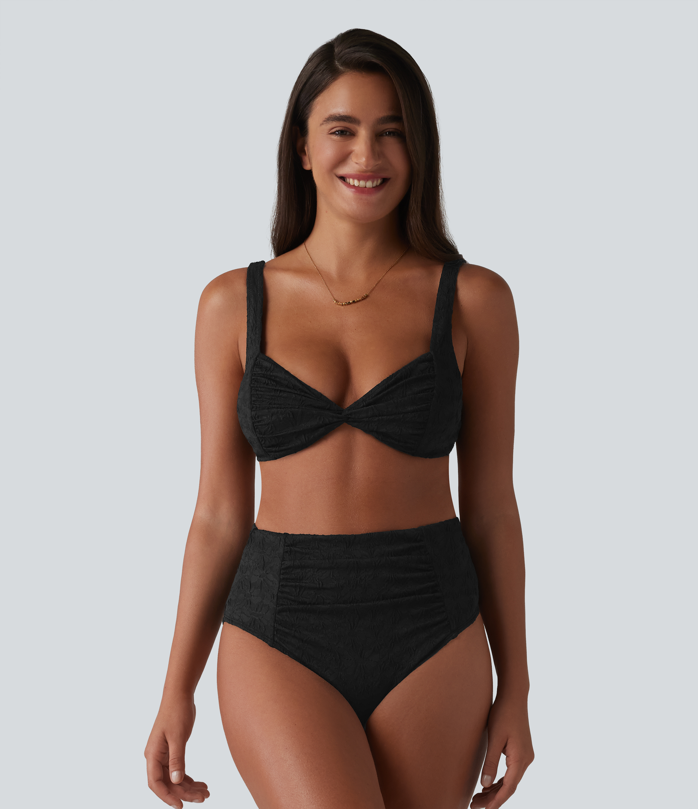 Adjustable Straps Twisted Ruched Tummy Control Jacquard Bikini Set