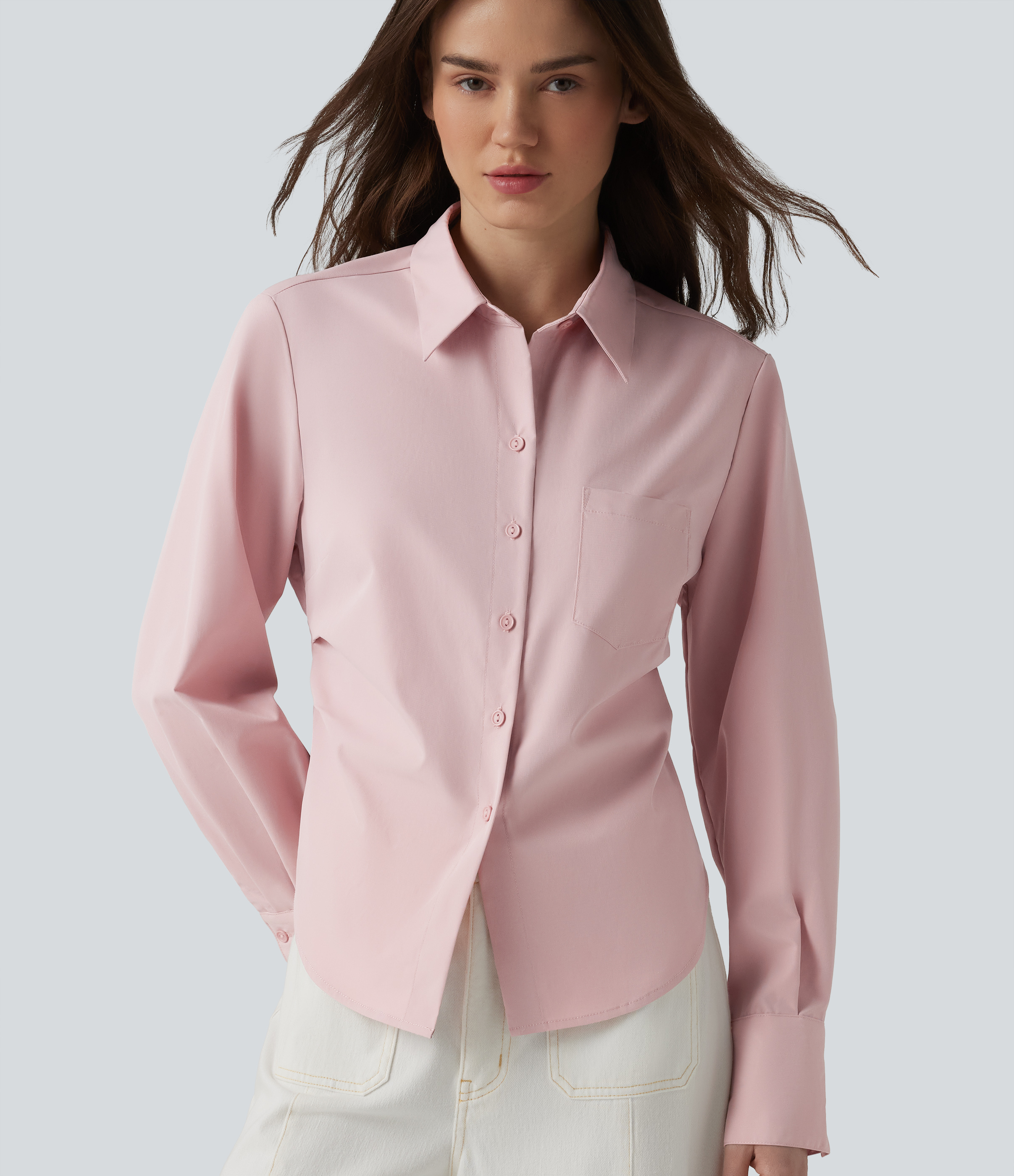 Chemise décontractée manches longues ourlet arrondi avec poche