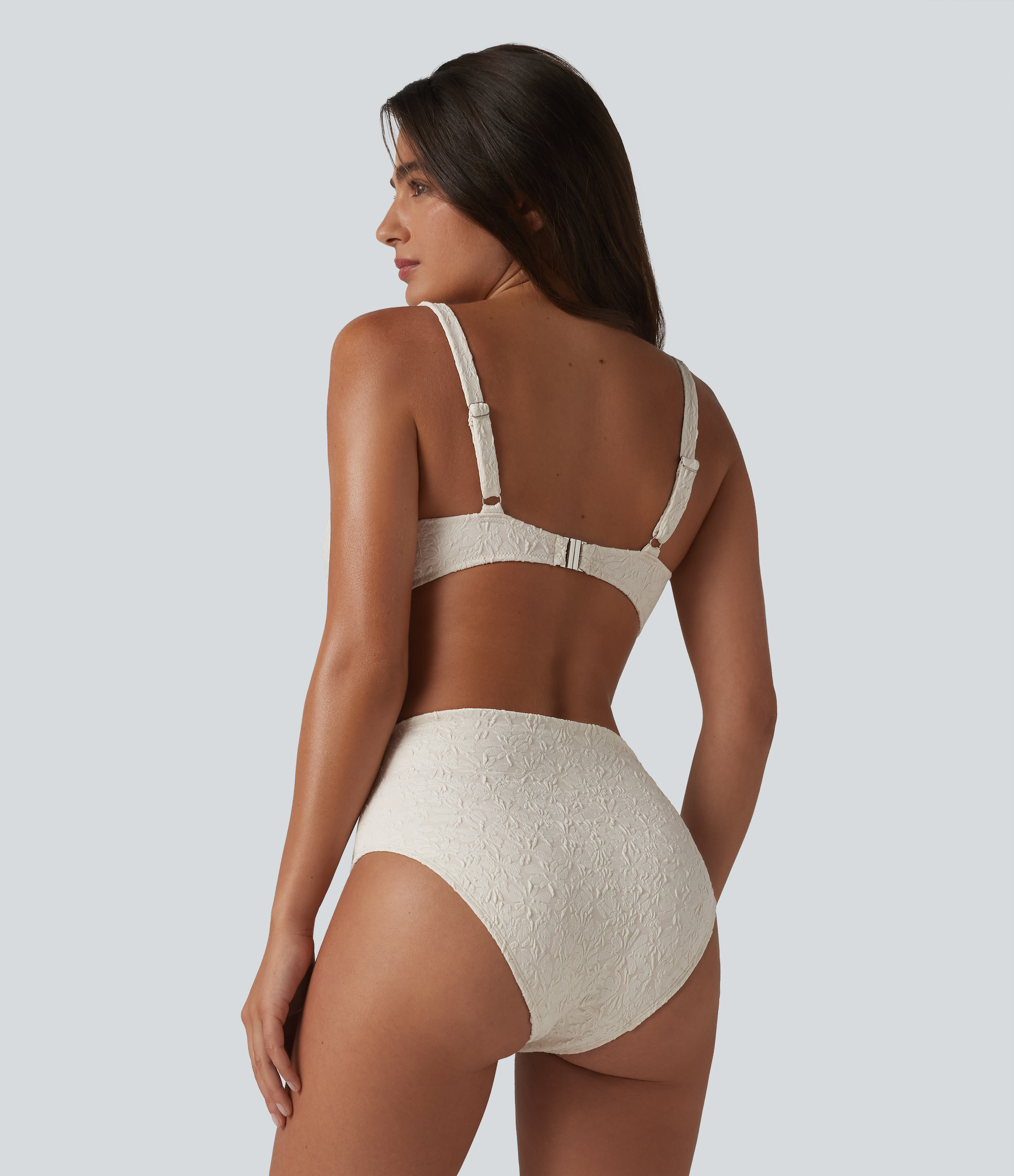 Bone White Adjustable Straps Twisted Ruched Tummy Control Jacquard Bikini Set / 2