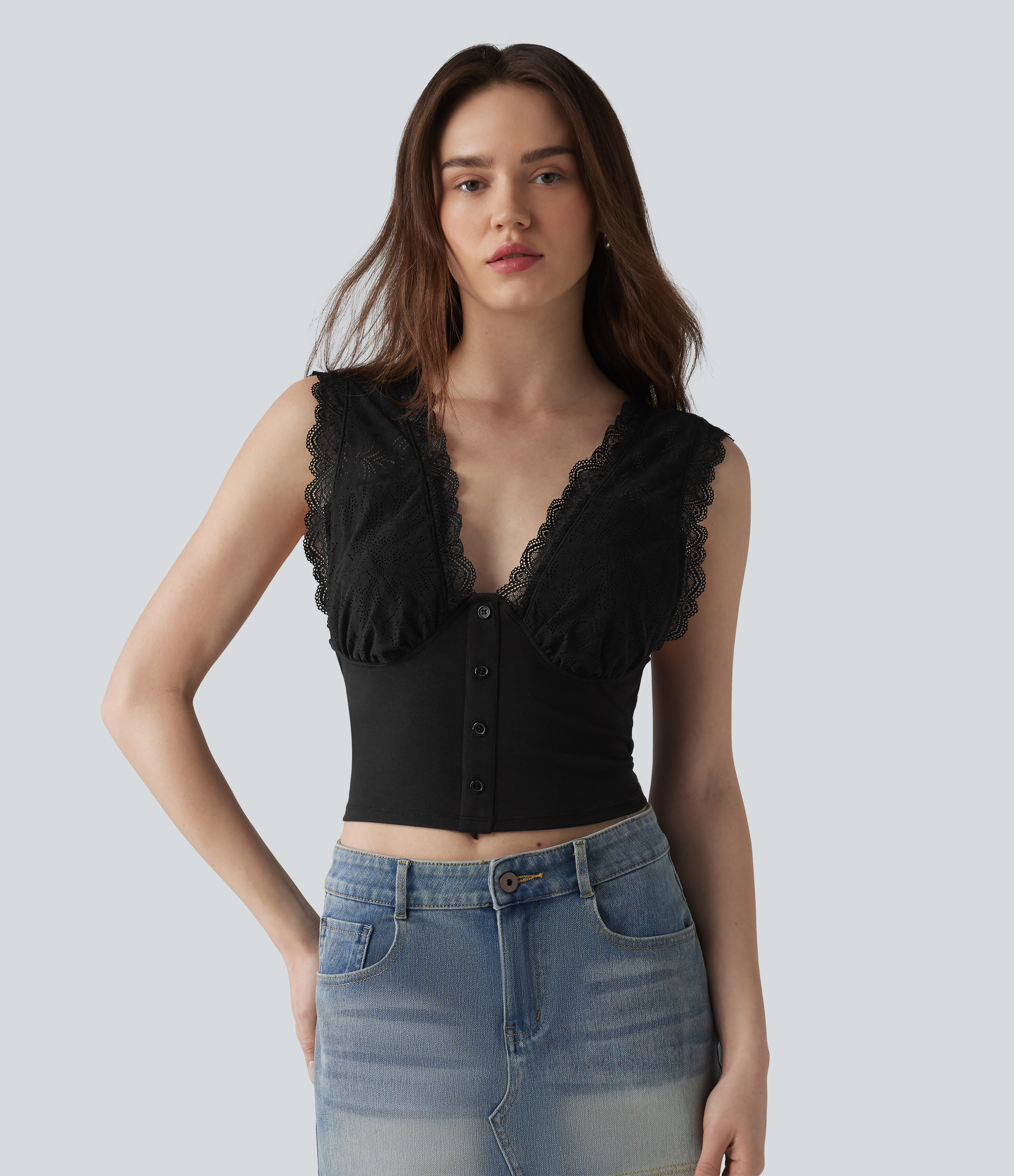 Ribbed Knit V Neck Contrast Lace Casual Tank Top