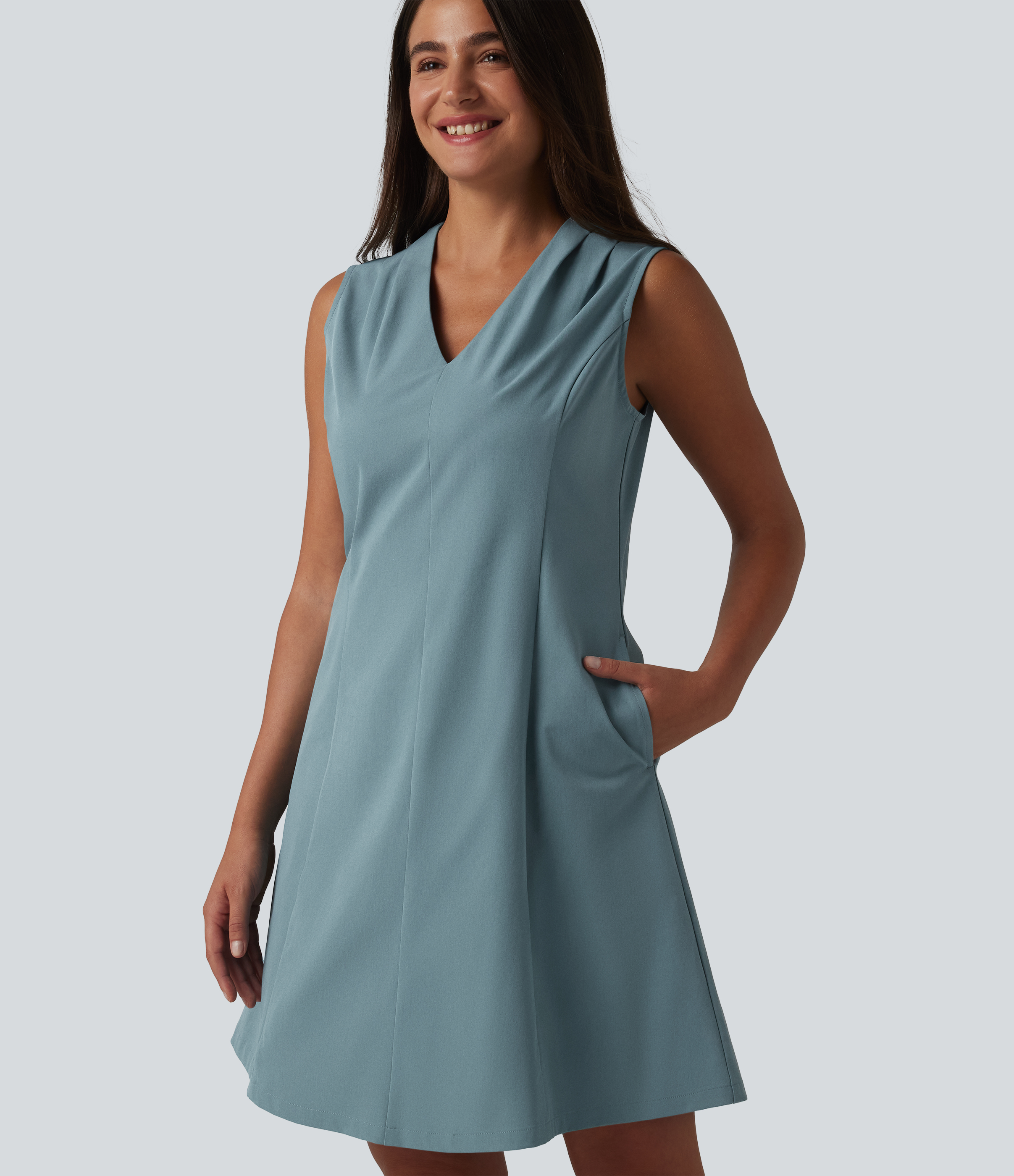 V-neck Sleeveless Pleated Invisible Zipper Mini A-line Stretchy Poplin Work Dress with Pockets