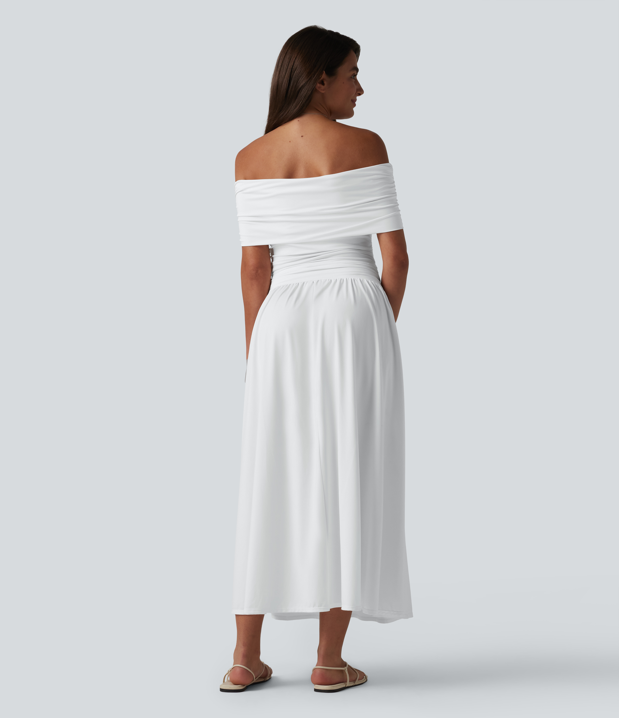 White Off-shoulder Tummy Control Ruched Built-in Bra Maxi Flowy Casual Dress A-D Cups / 2