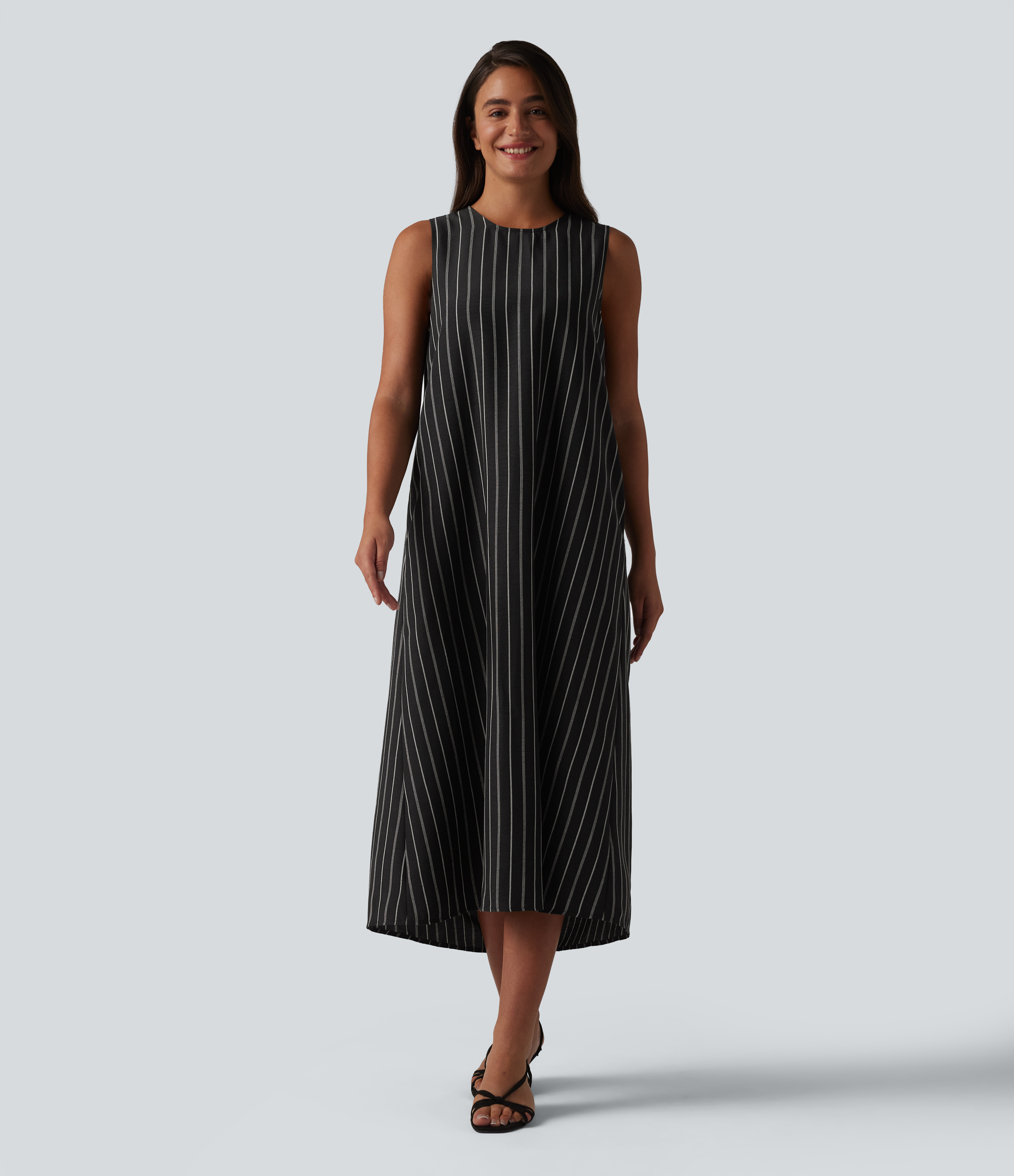 Round Neck Sleeveless Keyhole Back Stripe Midi Casual Dress with Pockets