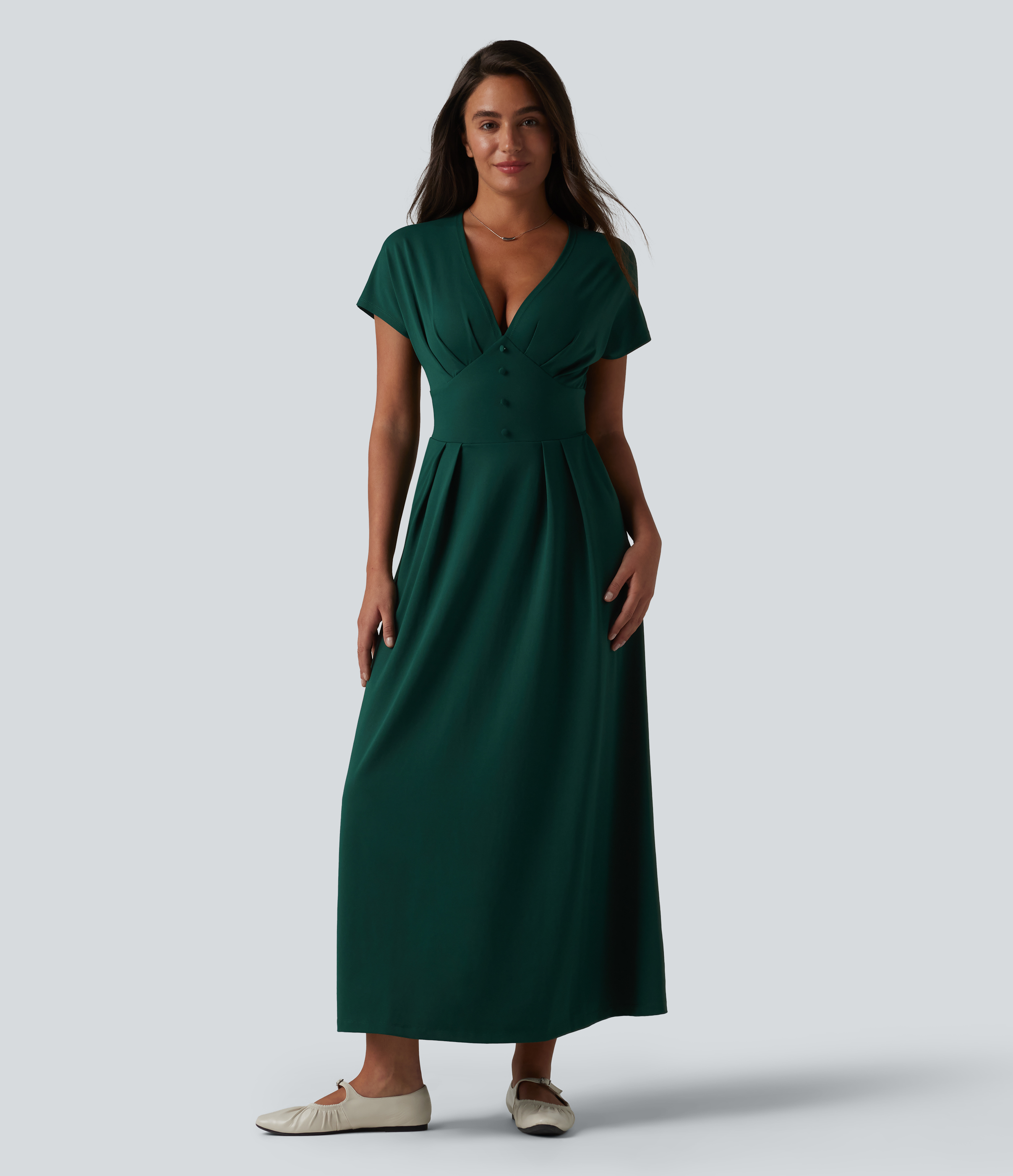 Robe midi décontractée à manches courtes chauve-souris et col en V avec poches