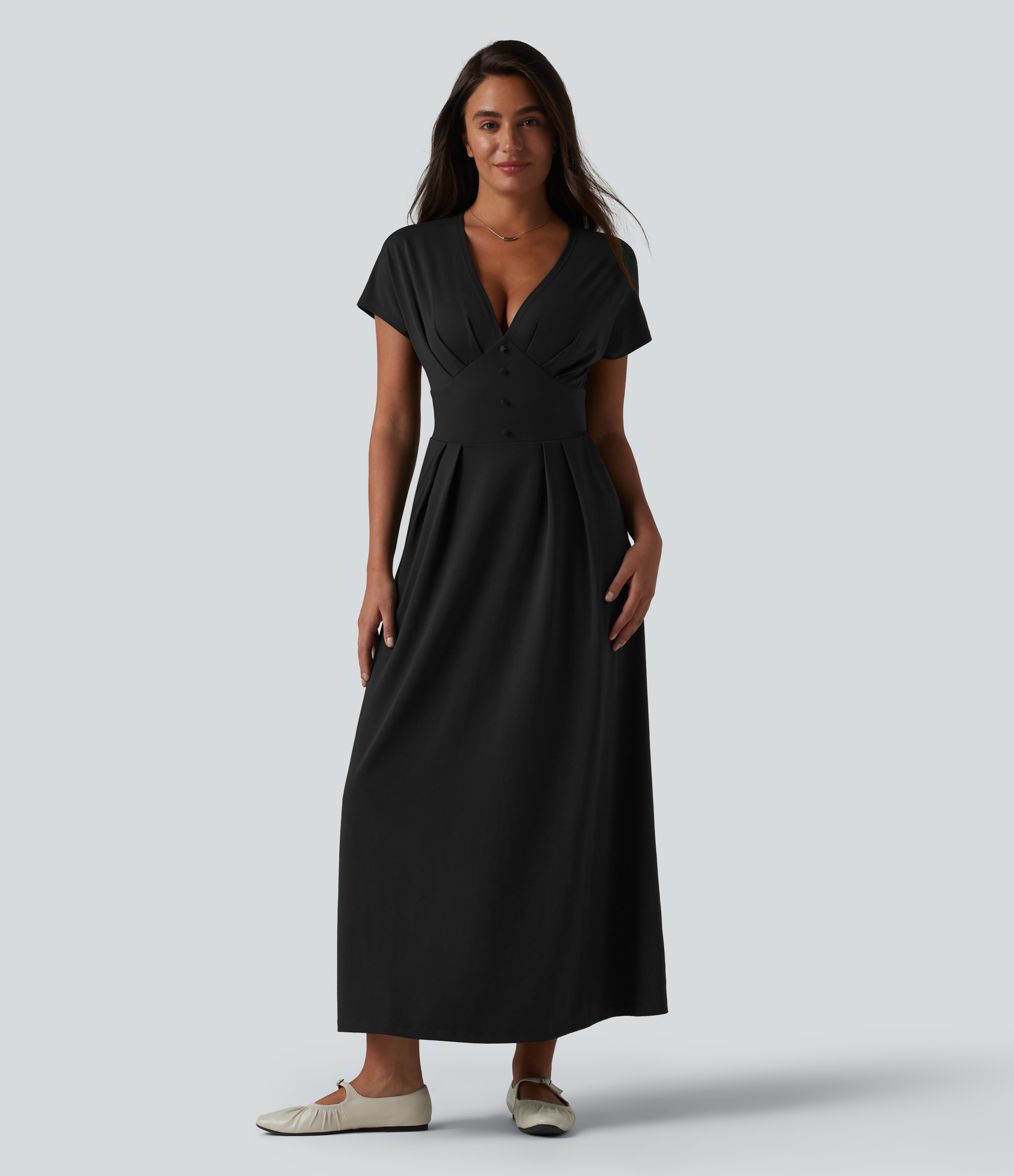 Robe midi décontractée à manches courtes chauve-souris et col en V avec poches