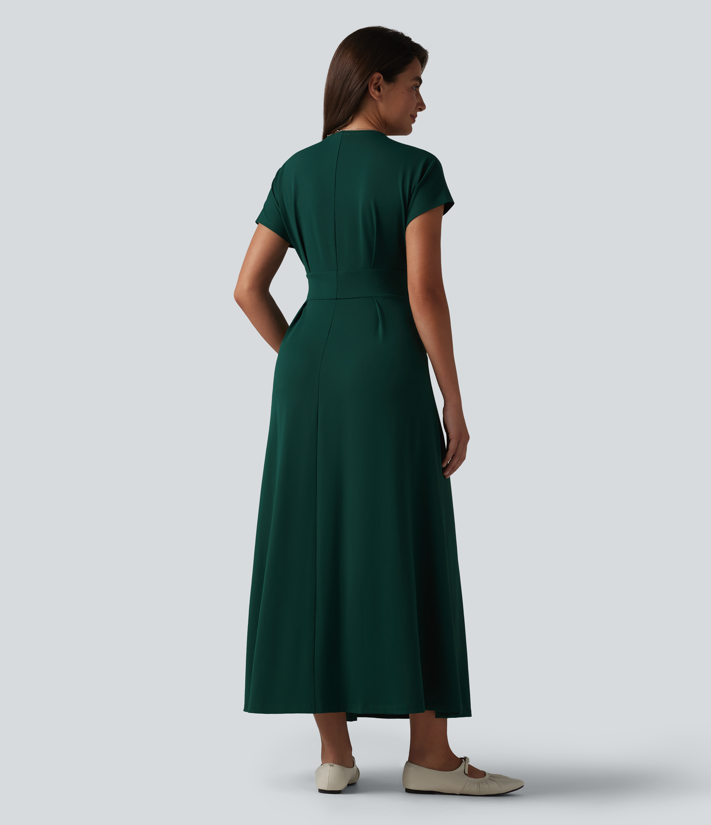 Evergreen Midikleid mit V-Ausschnitt, kurzen Fledermausärmeln und Taschen / 2