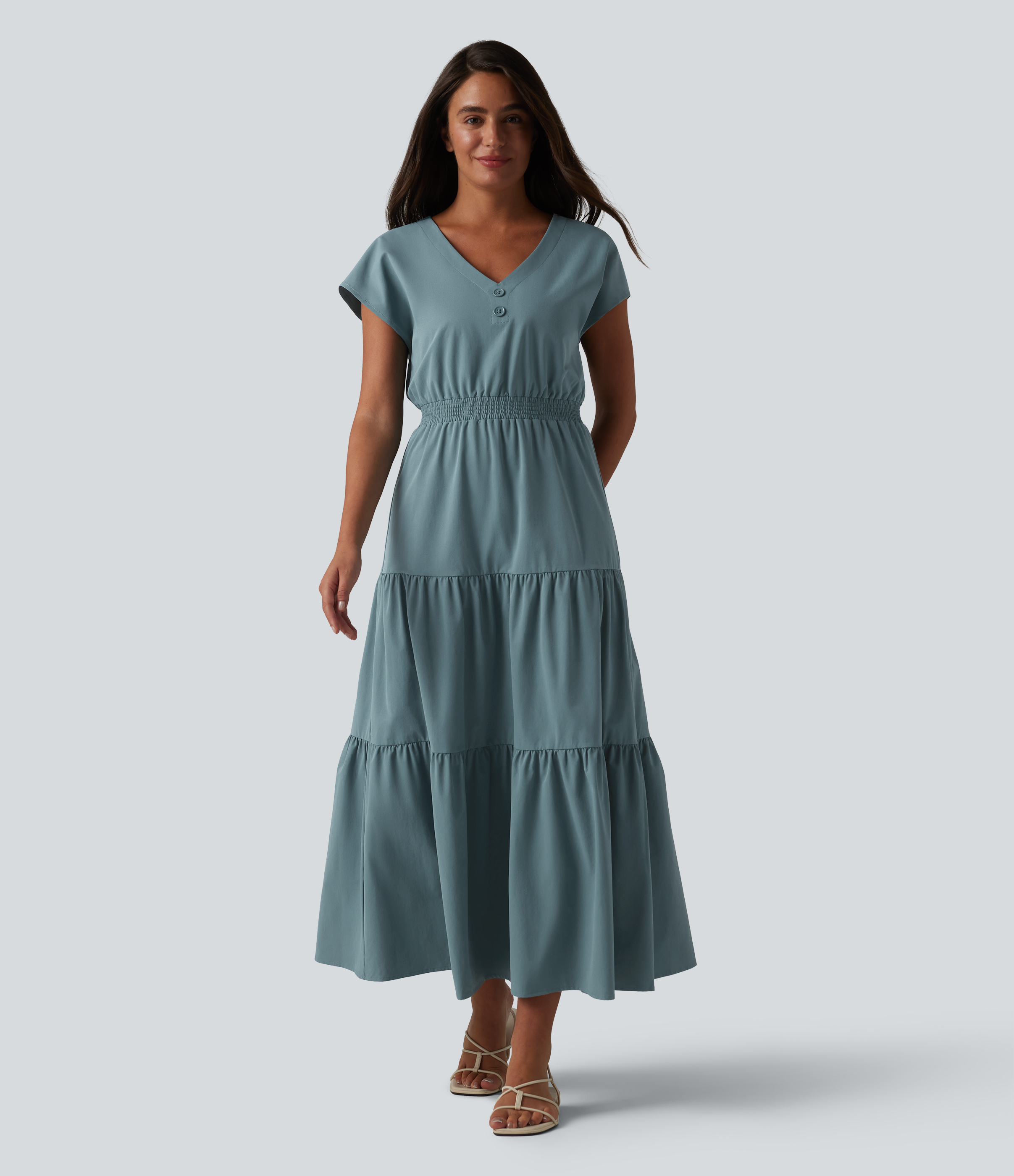 V Neck Short Sleeve Stretchy Poplin Midi Casual Dress