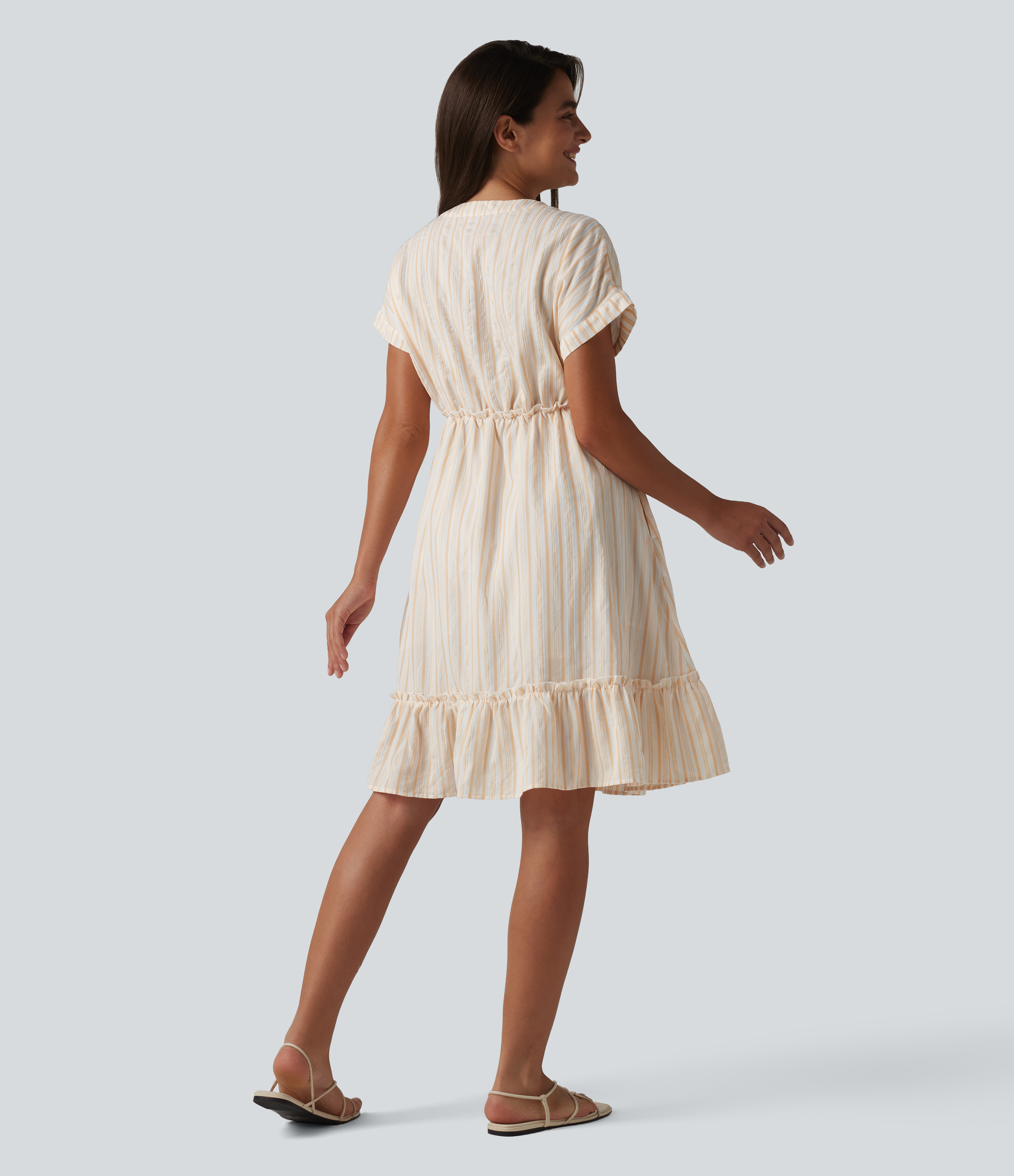 Orange White Stripe V Neck Short Sleeve Stripe Mini Casual Dress with Pockets / 2