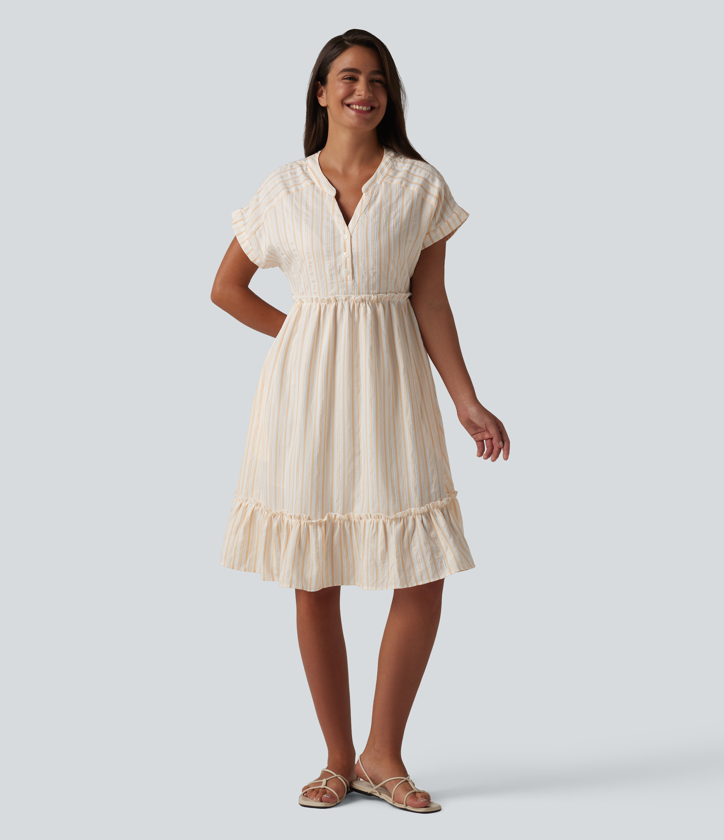 V Neck Short Sleeve Stripe Mini Casual Dress with Pockets
