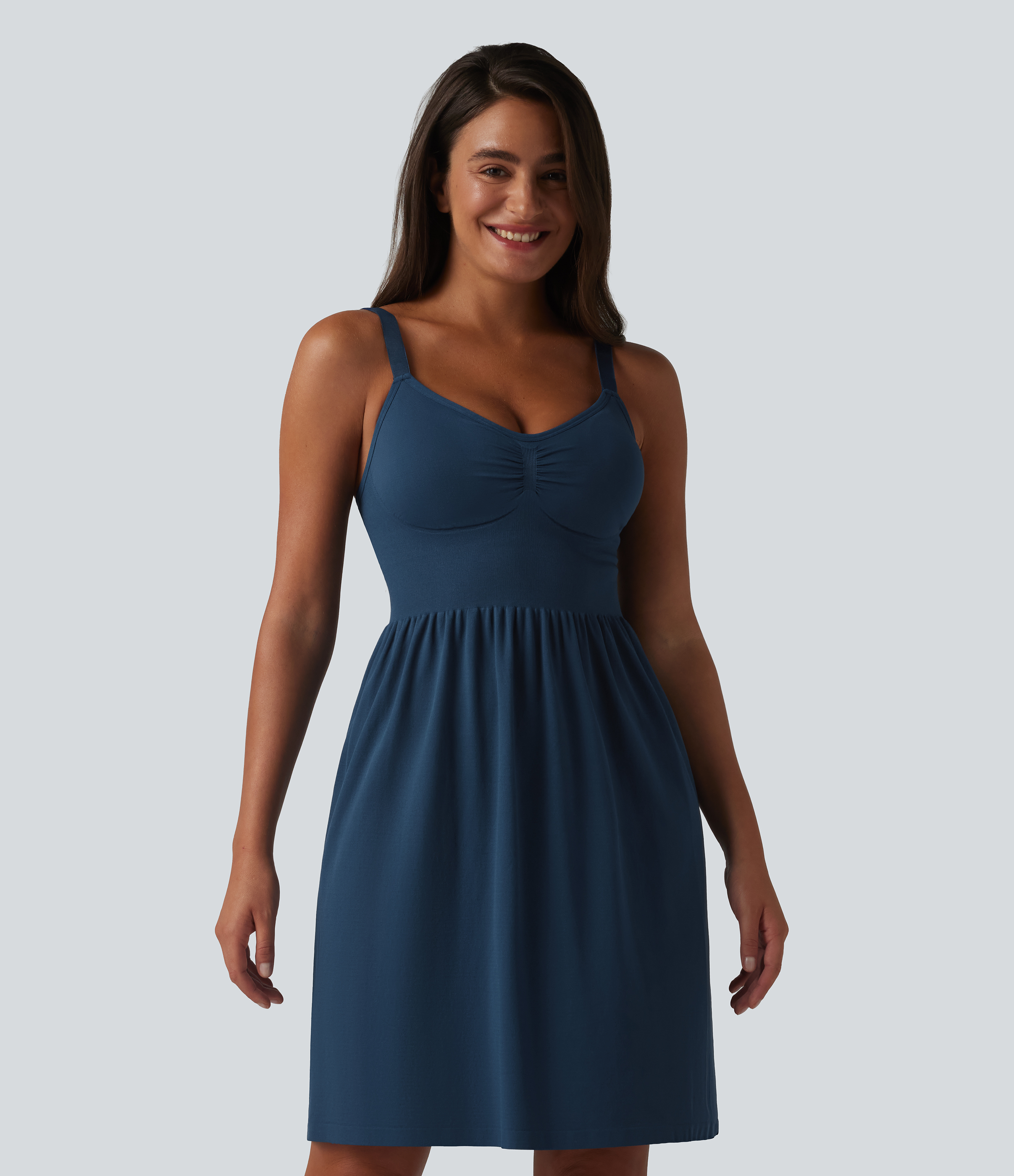 OneForm Seamless Flow Deep V-neck Sleeveless Ruched Built-in Bra Mini Casual Dress