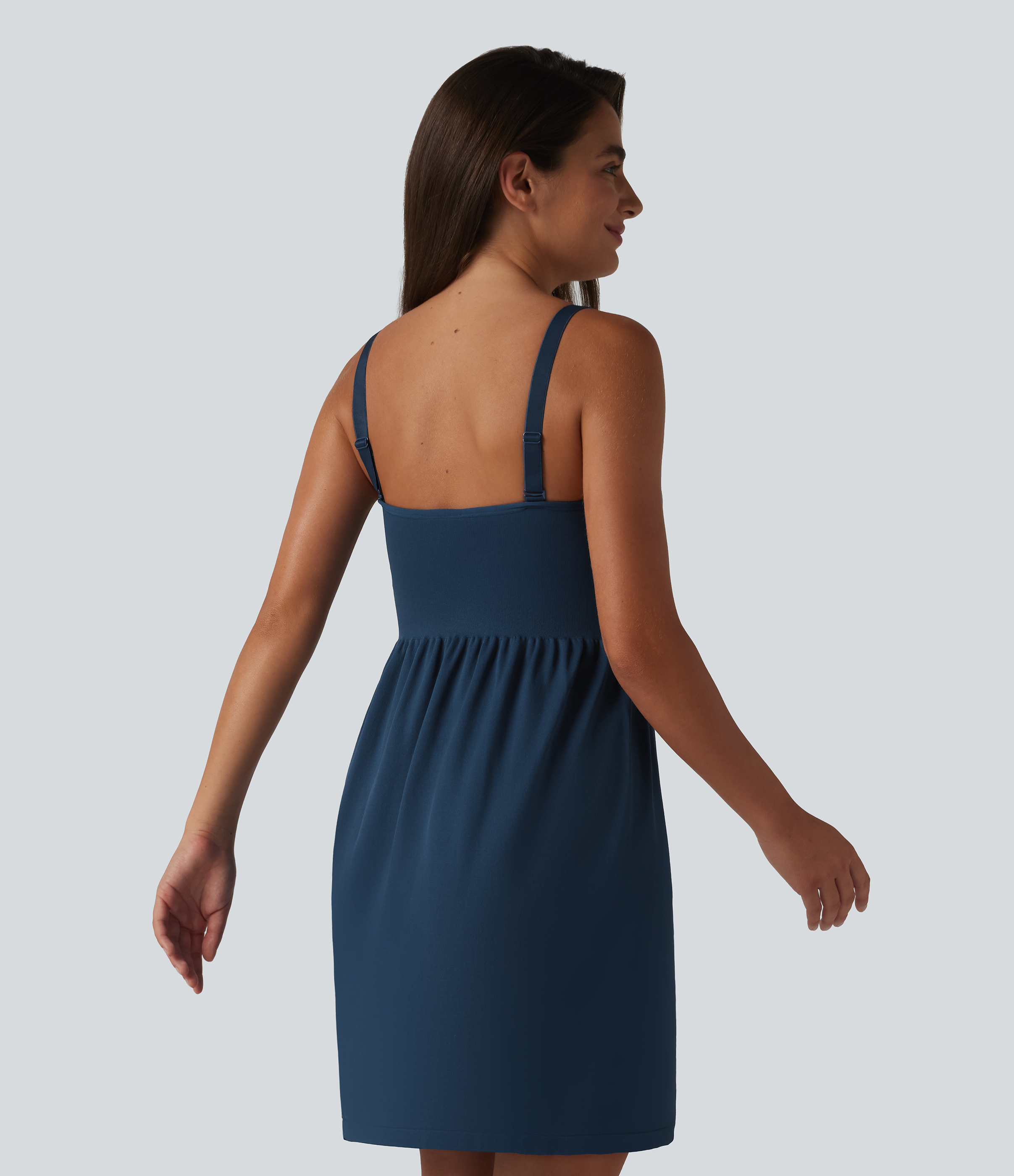 Navy Blazer OneForm Seamless Flow Deep V-neck Sleeveless Ruched Built-in Bra Mini Casual Dress / 2