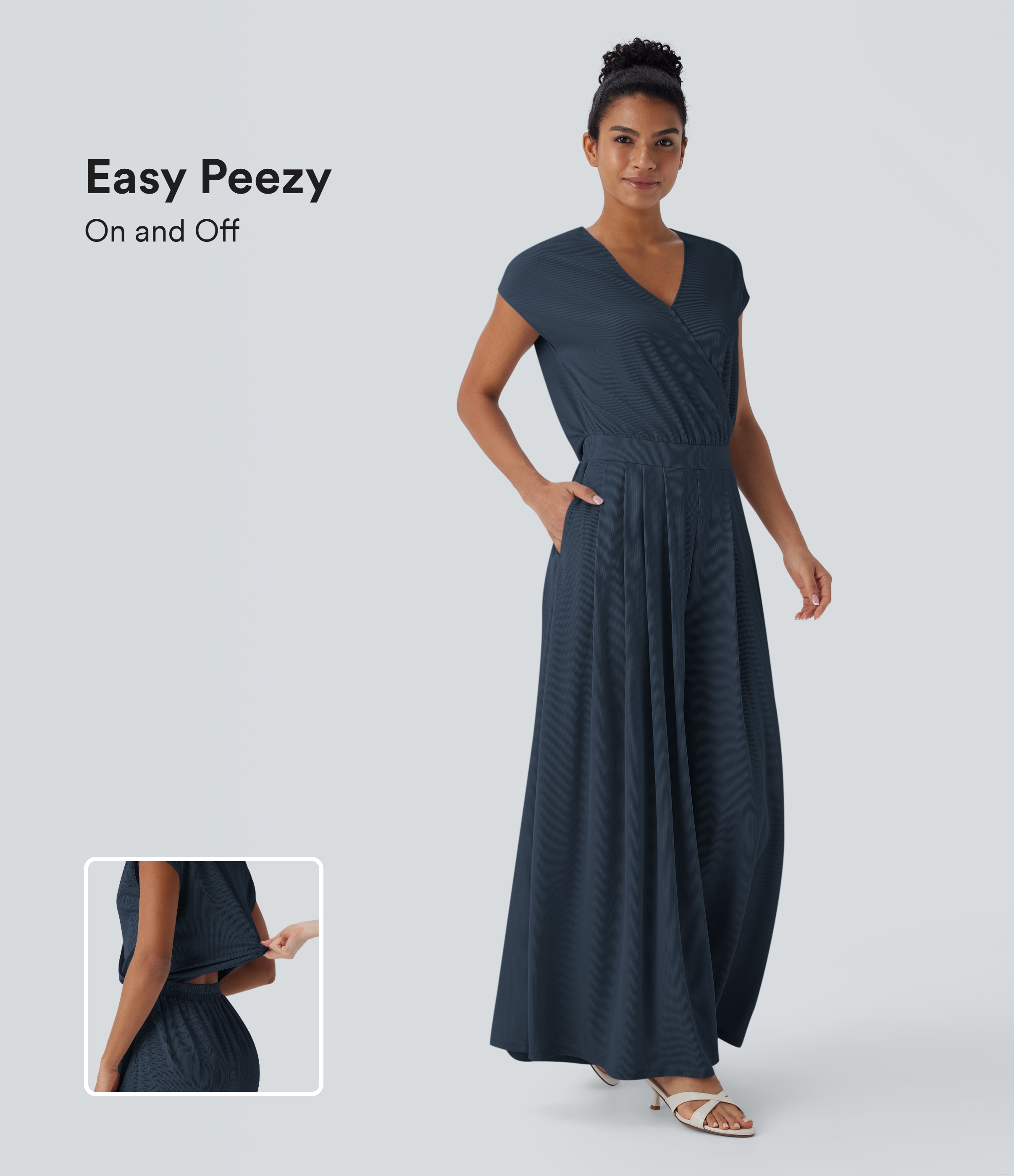 V Neck Short Sleeve Pocket Wide Leg Flowy Waffle Casual Jumpsuit-Easy Peezy Edition