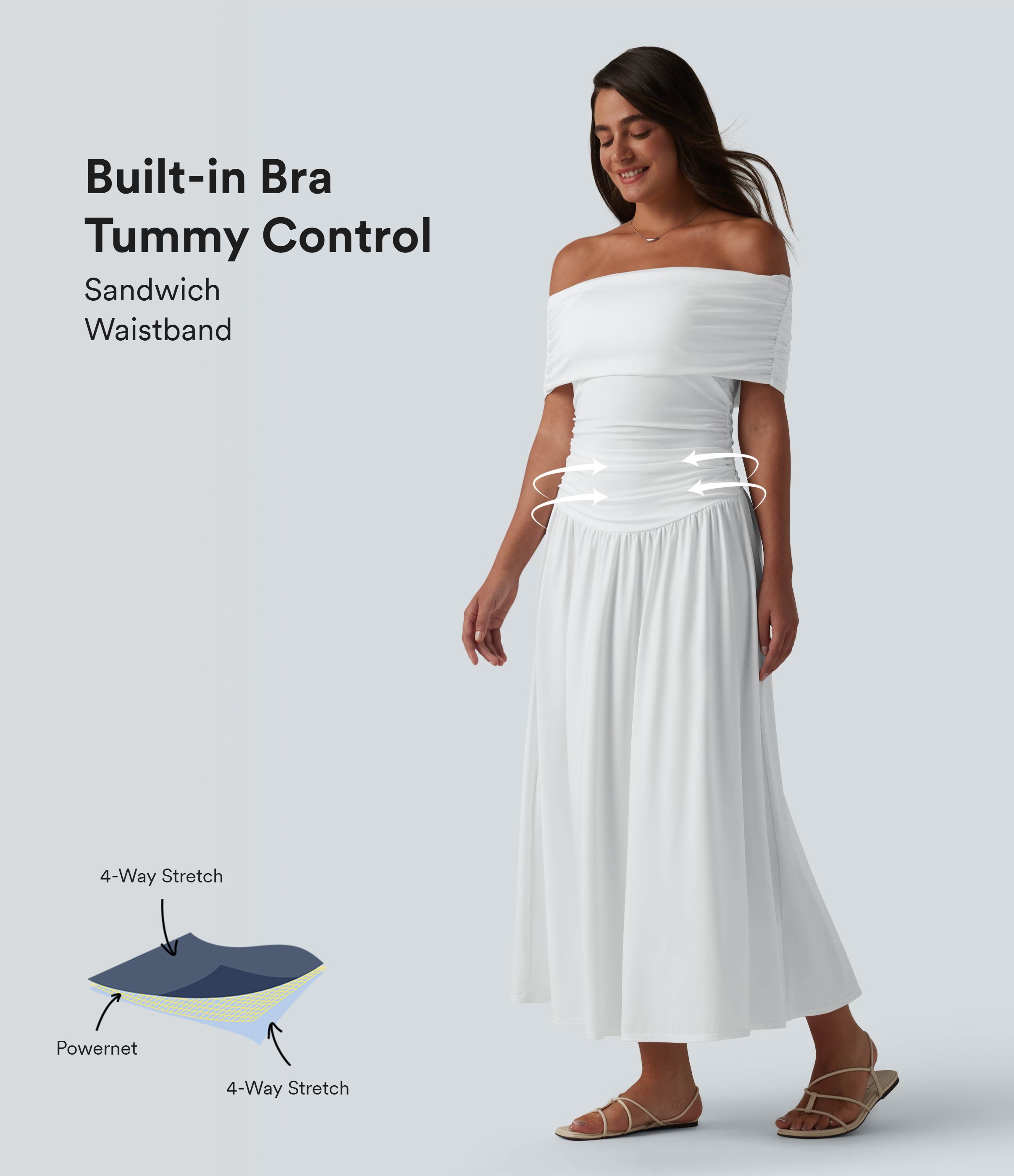 Robe casual maxi fluide gainante froncée à épaules dénudées avec brassière intégrée