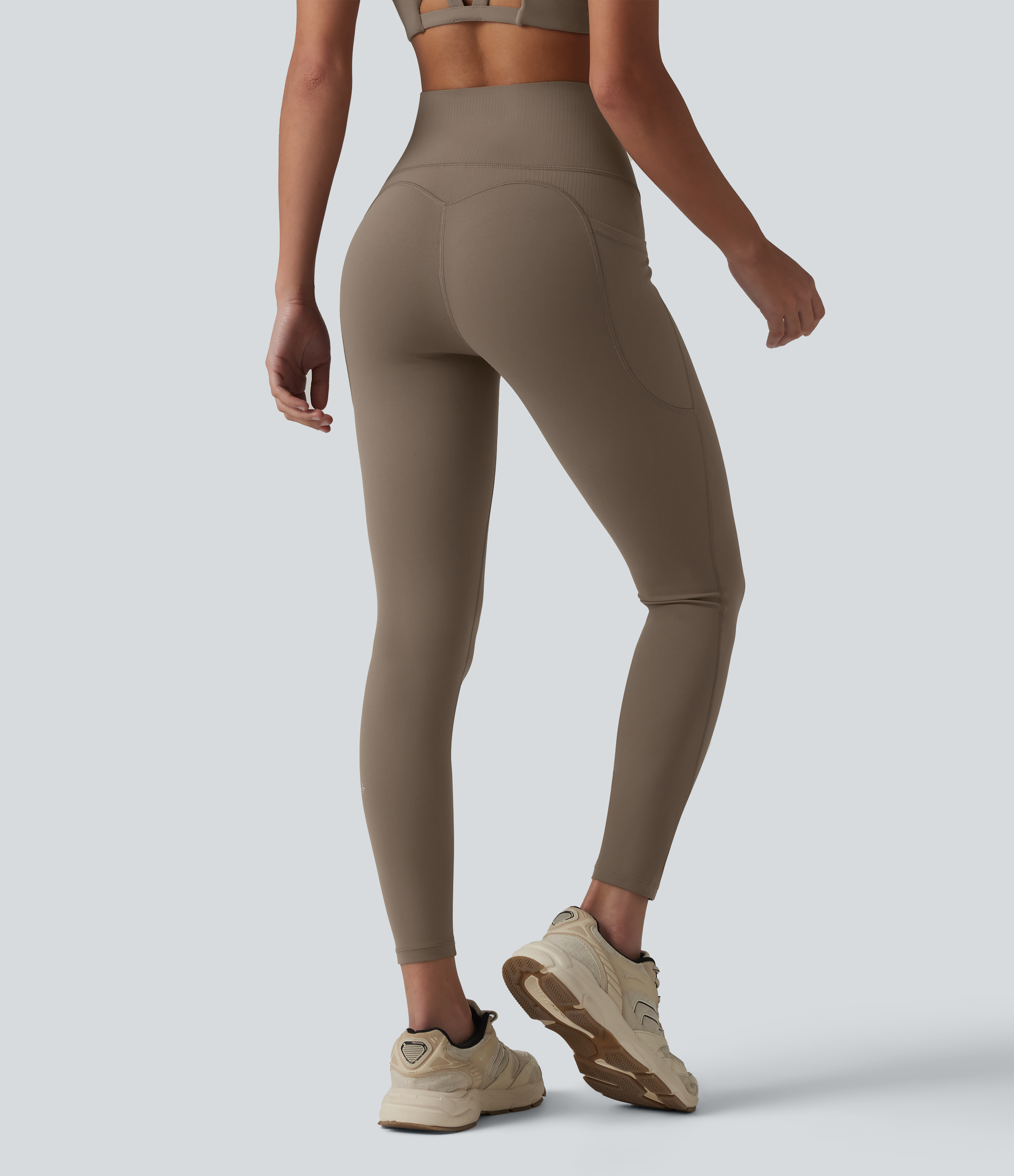 Dawn Brown Halara UltraSculpt™ 7/8 Yoga-Leggings mit hoher Taille, bauchformend, mit kontrastierender Rippenstruktur und Taschen / 2