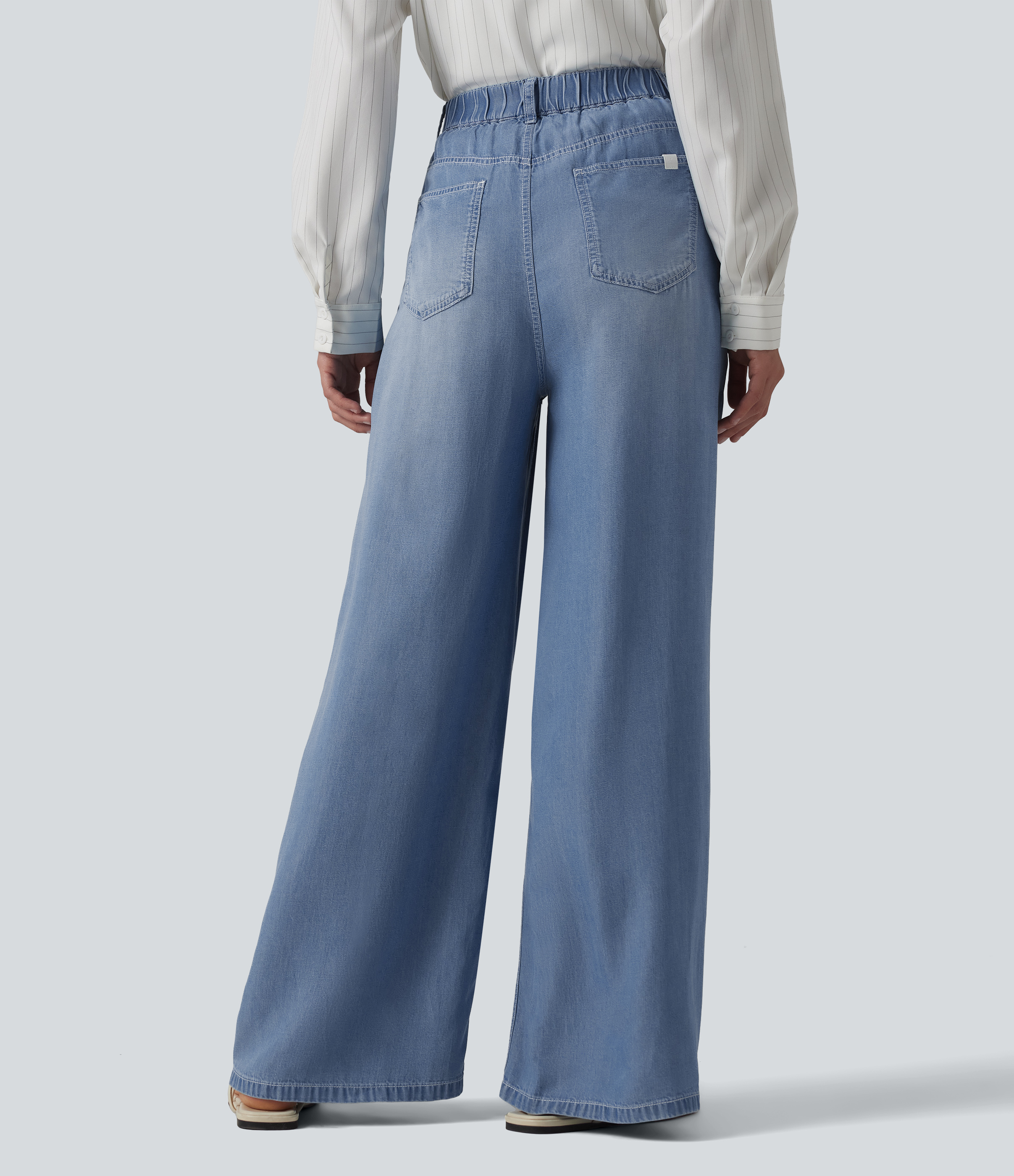 Malibu Blue Denim High Waisted Wide Leg Casual Jeans with Pockets / 2