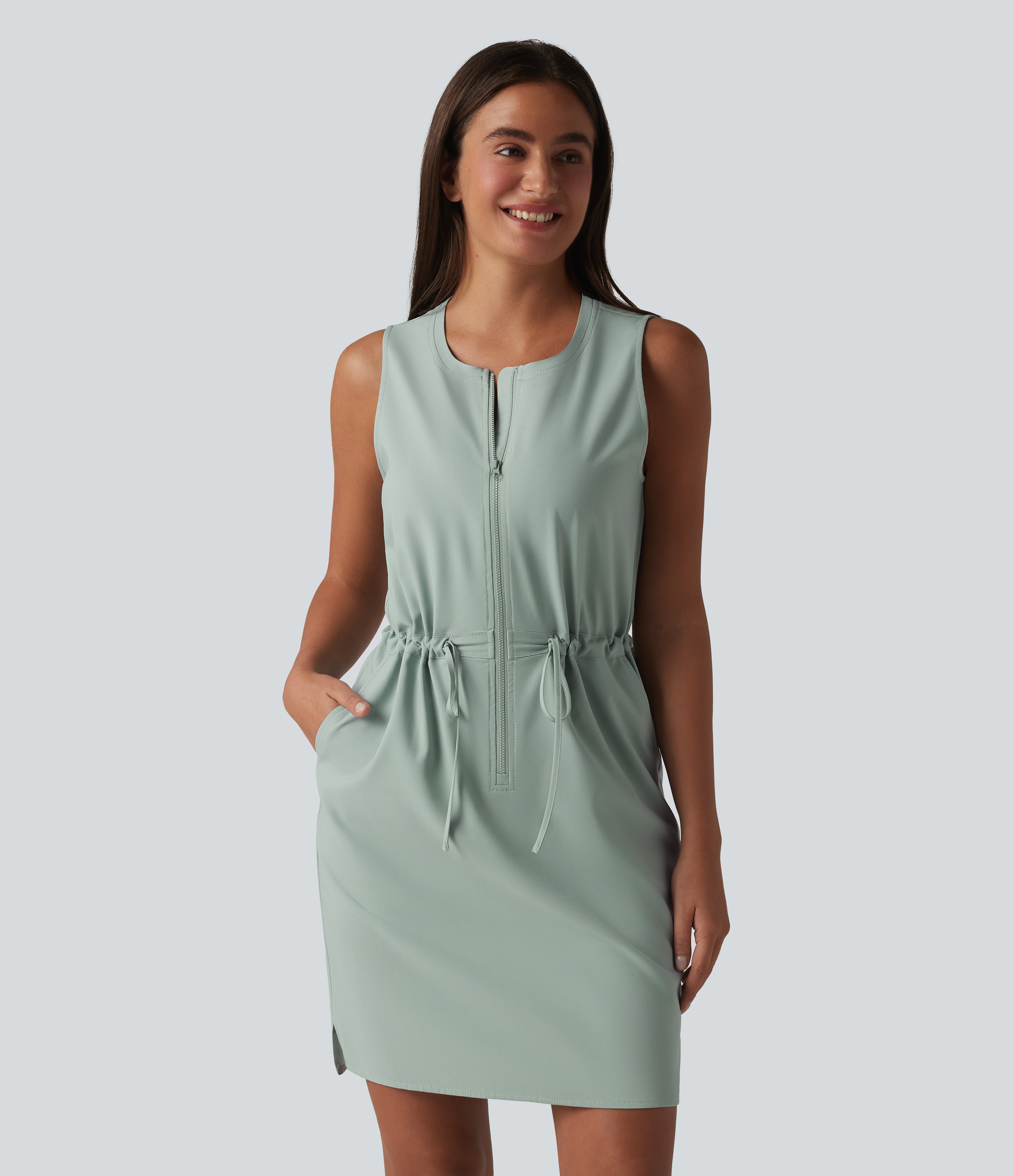 Robe sport mini de randonnée col rond sans manches demi-zip avec cordon de serrage et poches