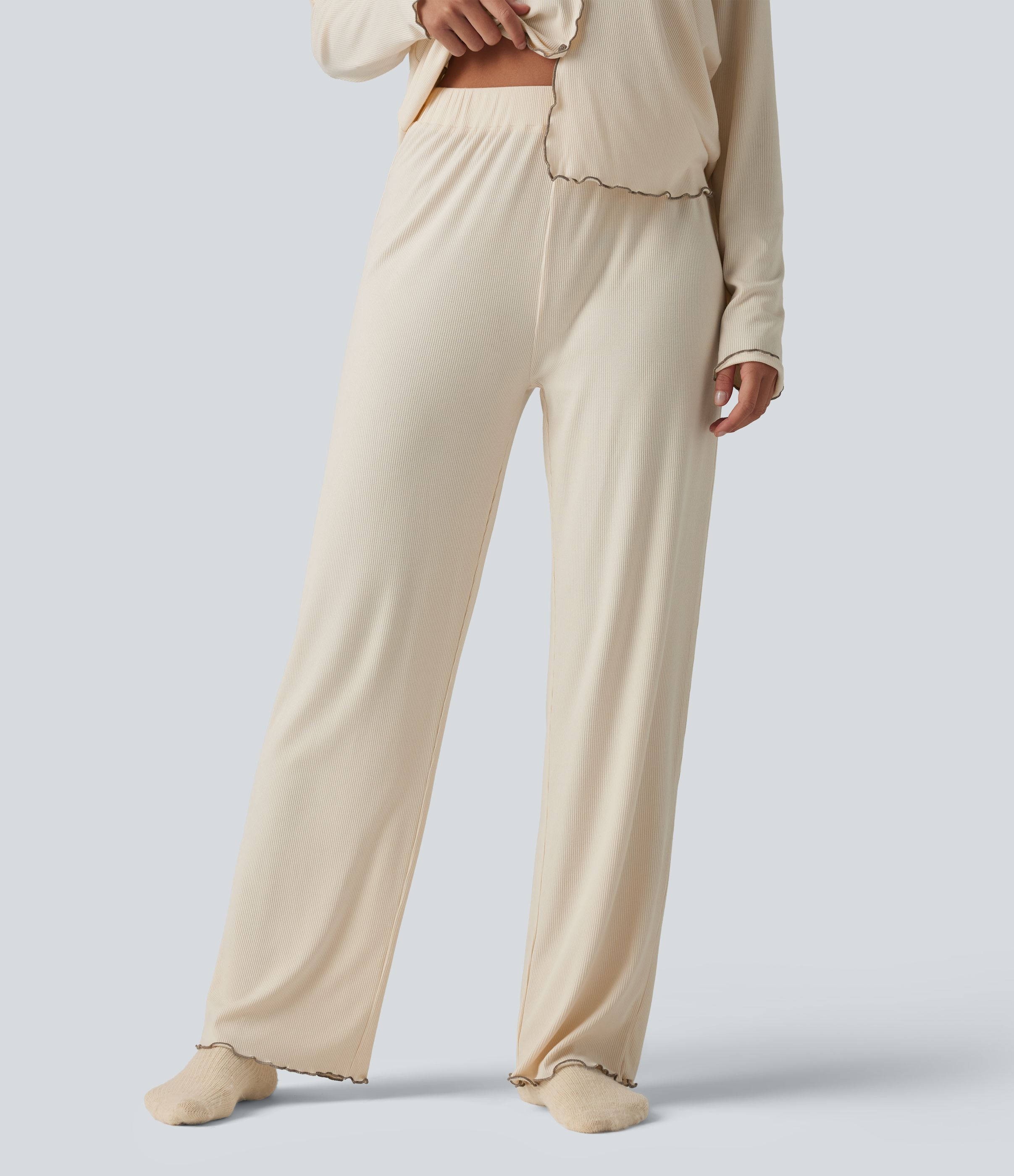 Pantalon de détente taille haute à ourlet volanté