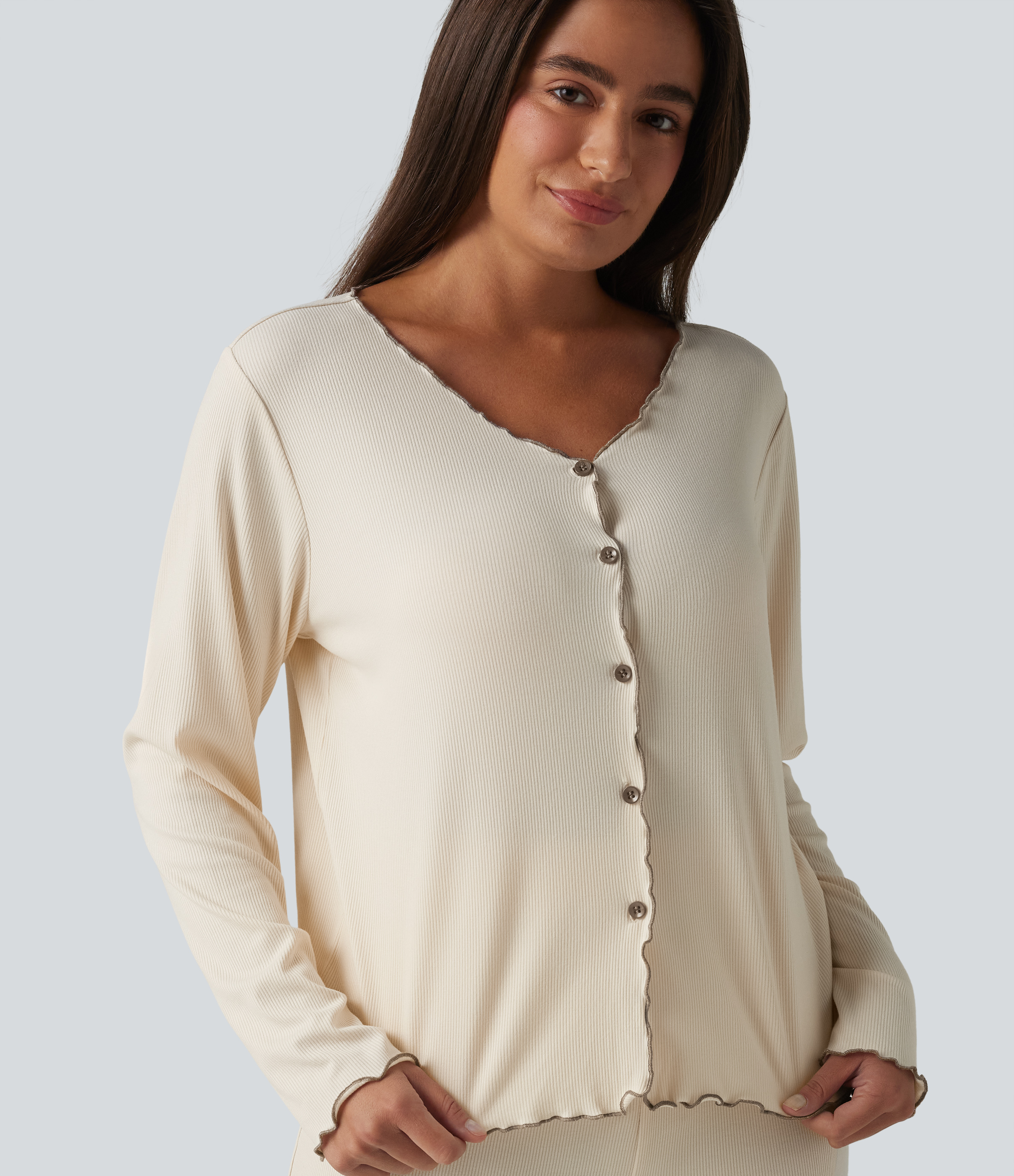 V Neck Long Sleeve Frill Hem Lounge Top