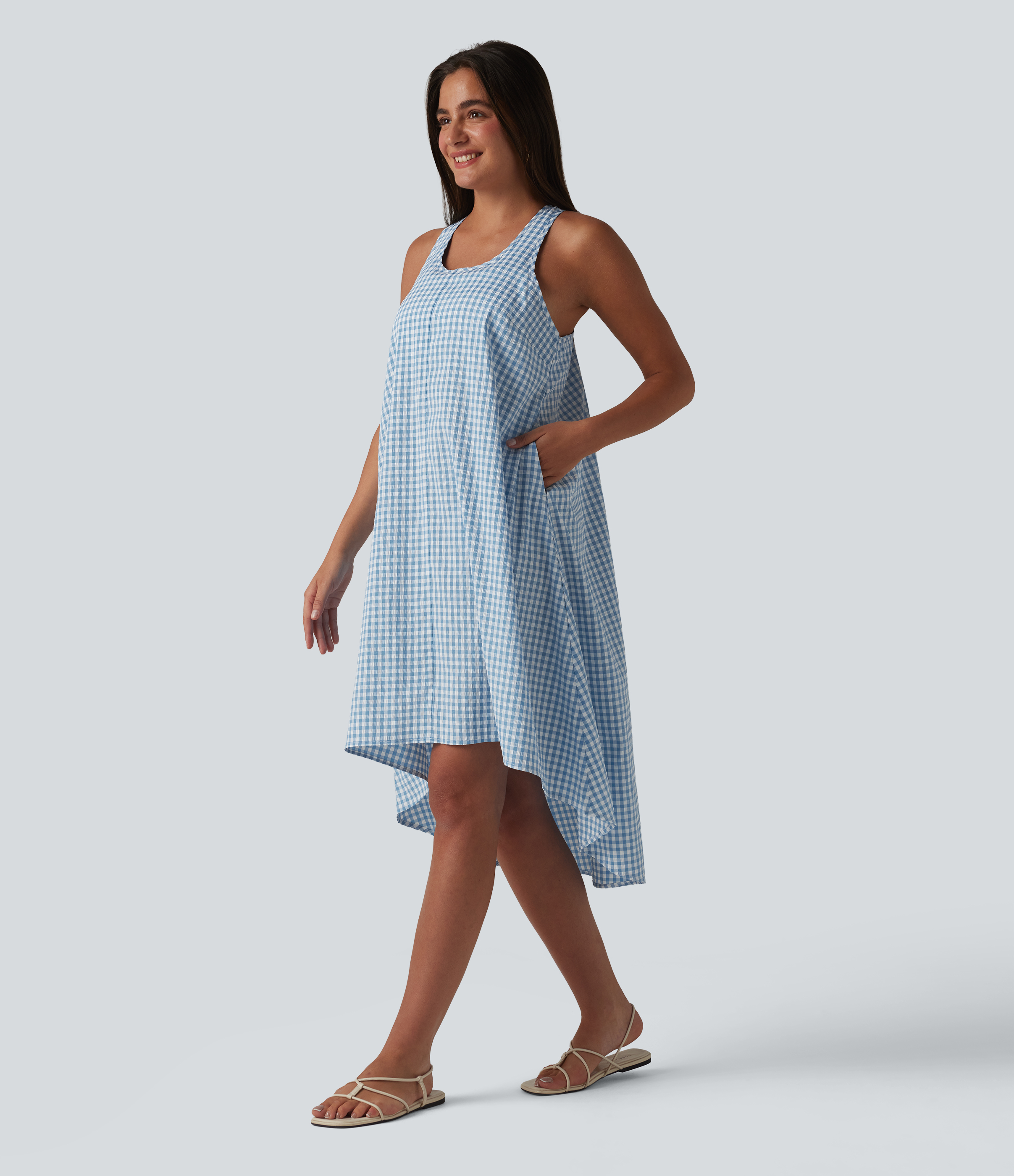 Backless Racerback High Low Built-in Bra Gingham Flowy Midi Resort Dress with Pockets