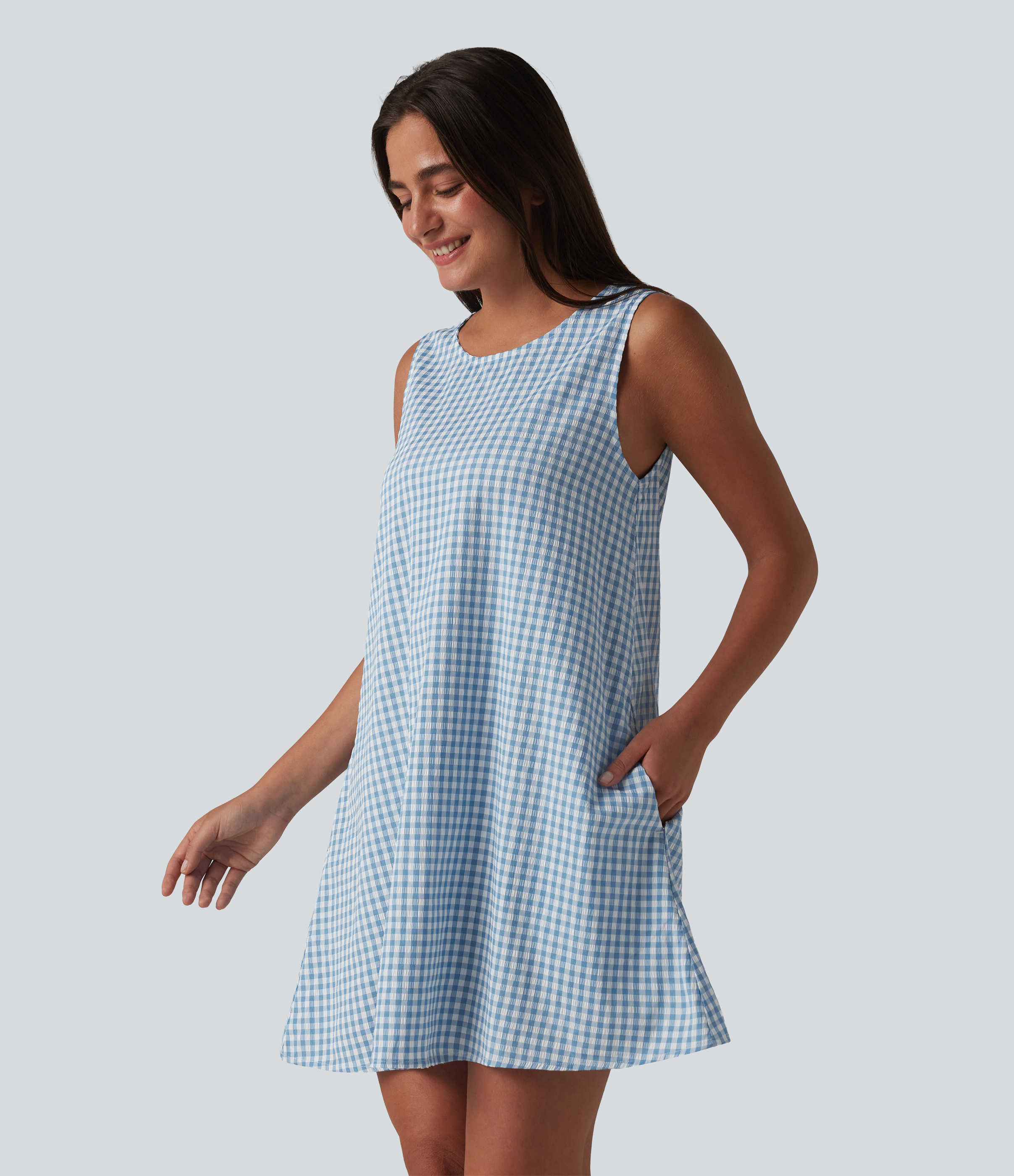 Round Neck Sleeveless Mini Crinkle Gingham Casual Tank Dress with Pockets