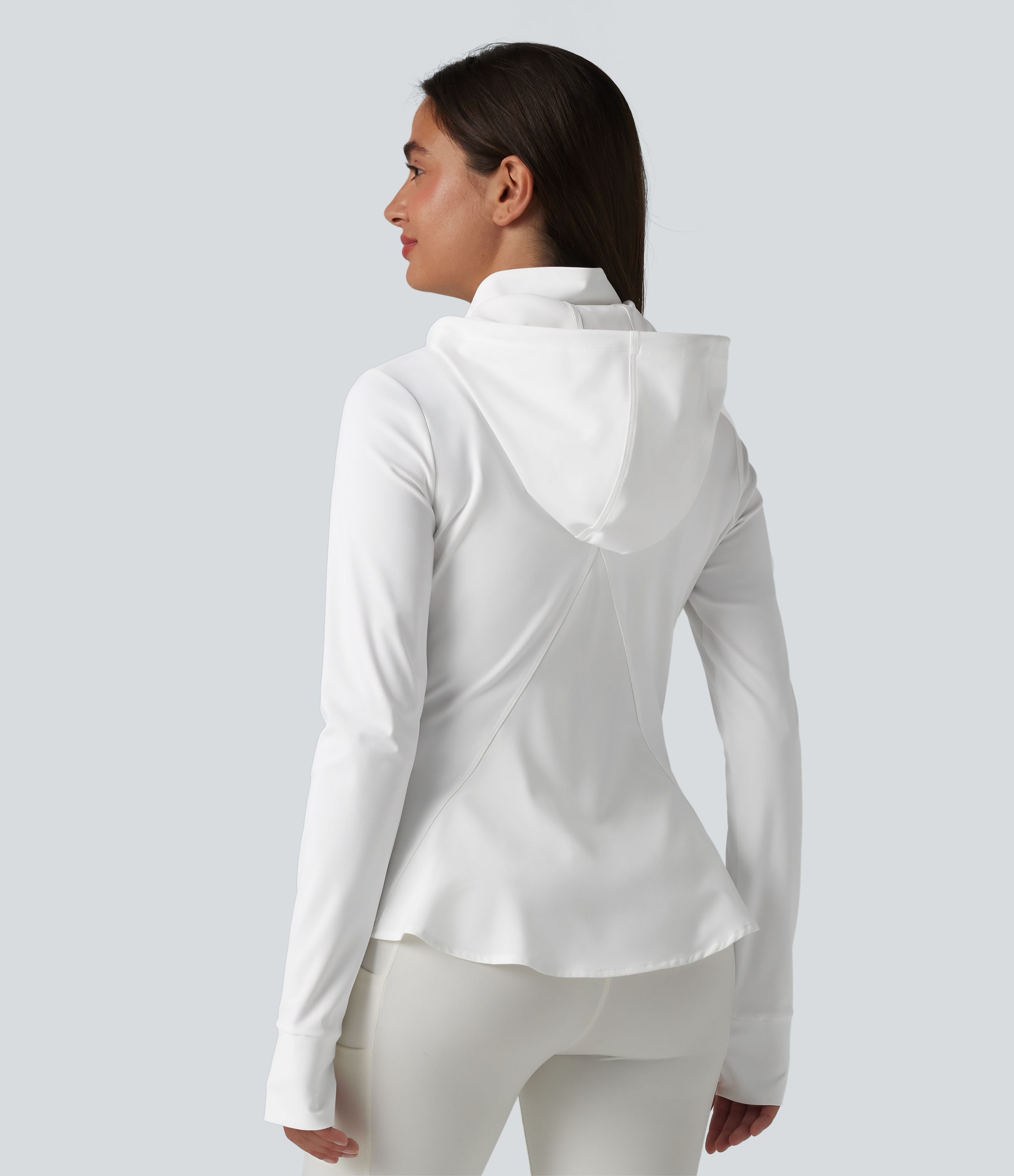 Removable Hood Thumb Holes Ruffle Hem Slim Hiking Jacket